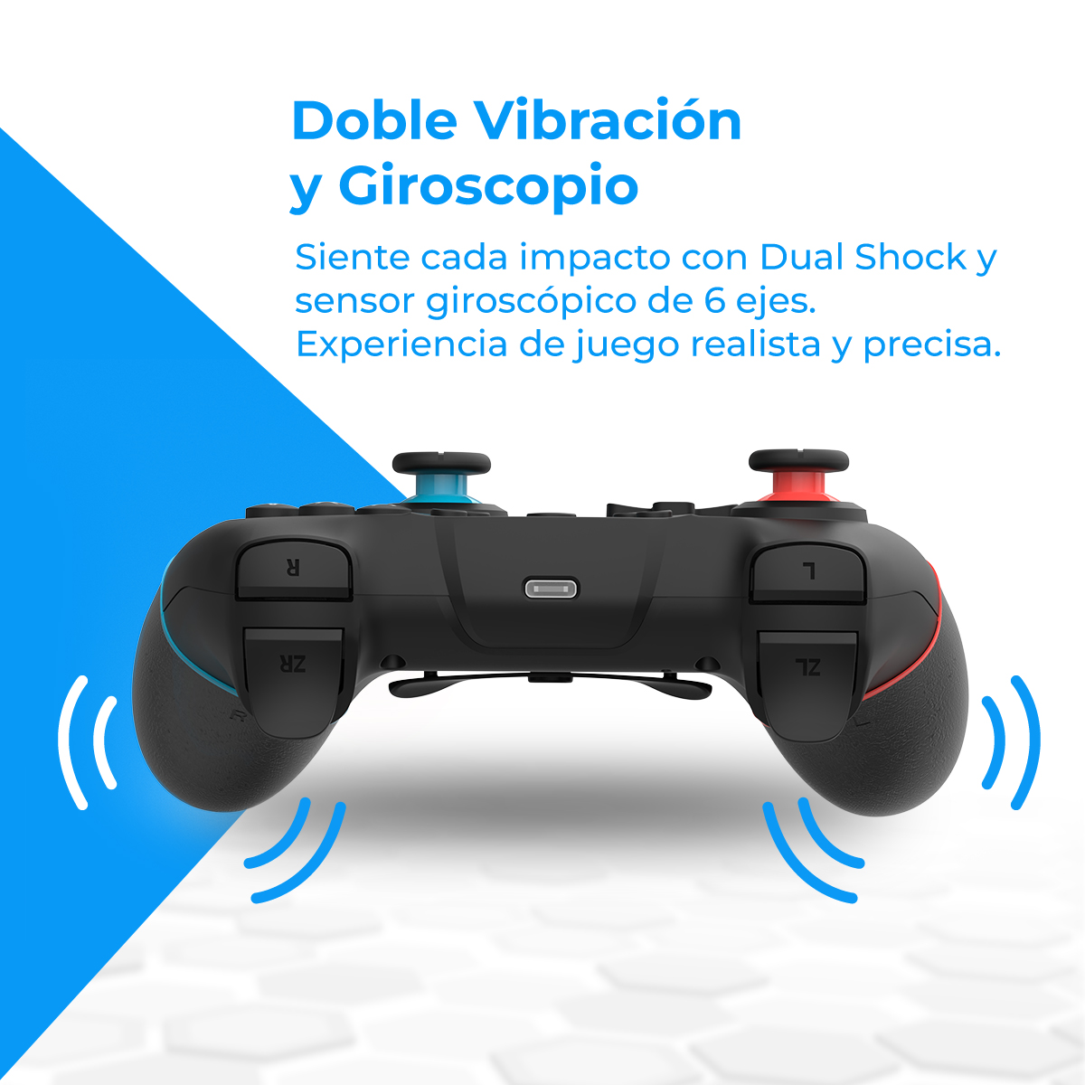 Mando de juego negro con acentos rojos y azules, con doble vibración.