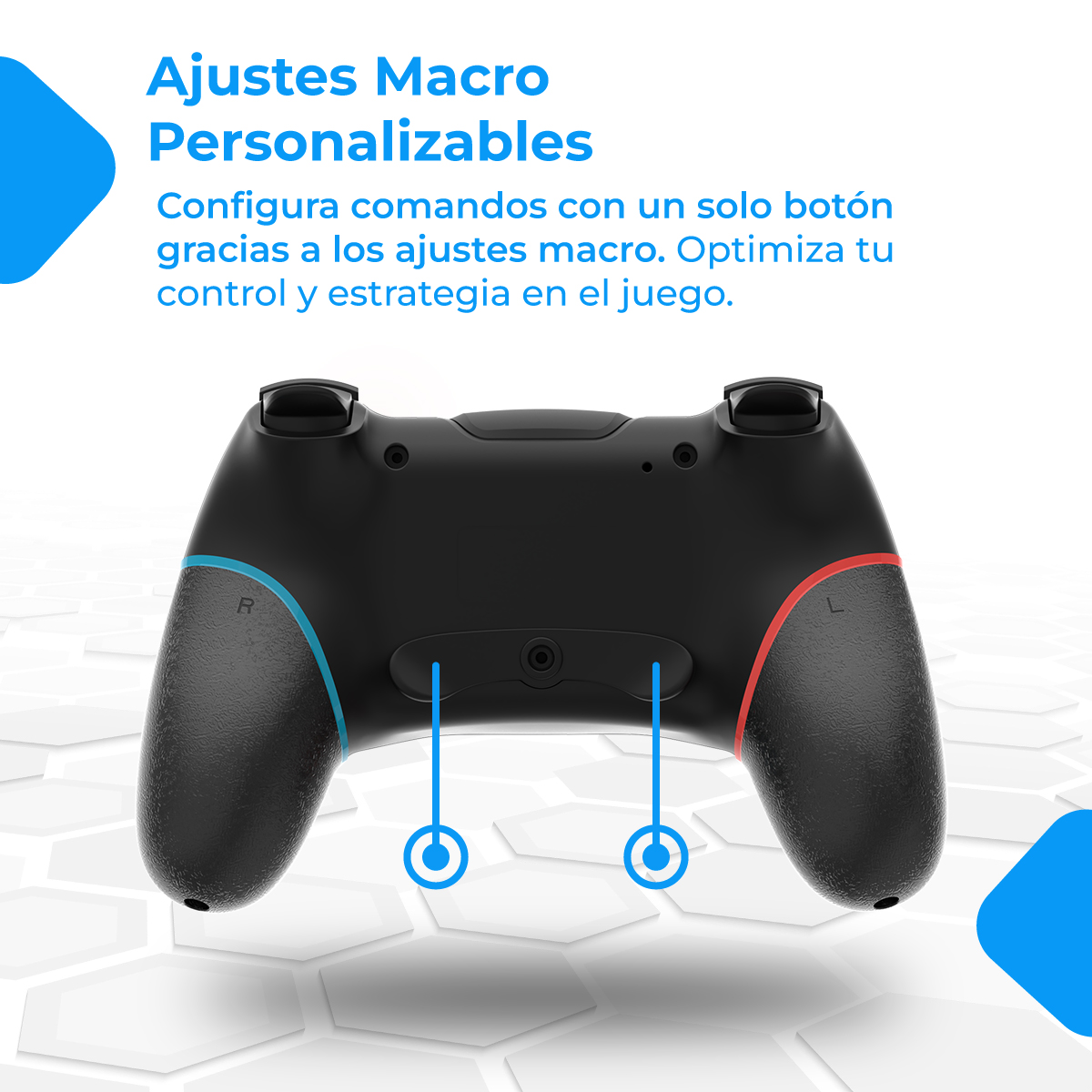 Controlador negro con acentos azules y rojos, vista trasera mostrando botones macro.