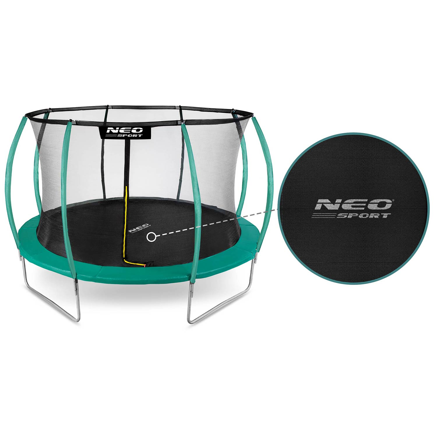 Okrągły trampolin z siatką zabezpieczającą, zieloną wyściółką i srebrnymi nogami.