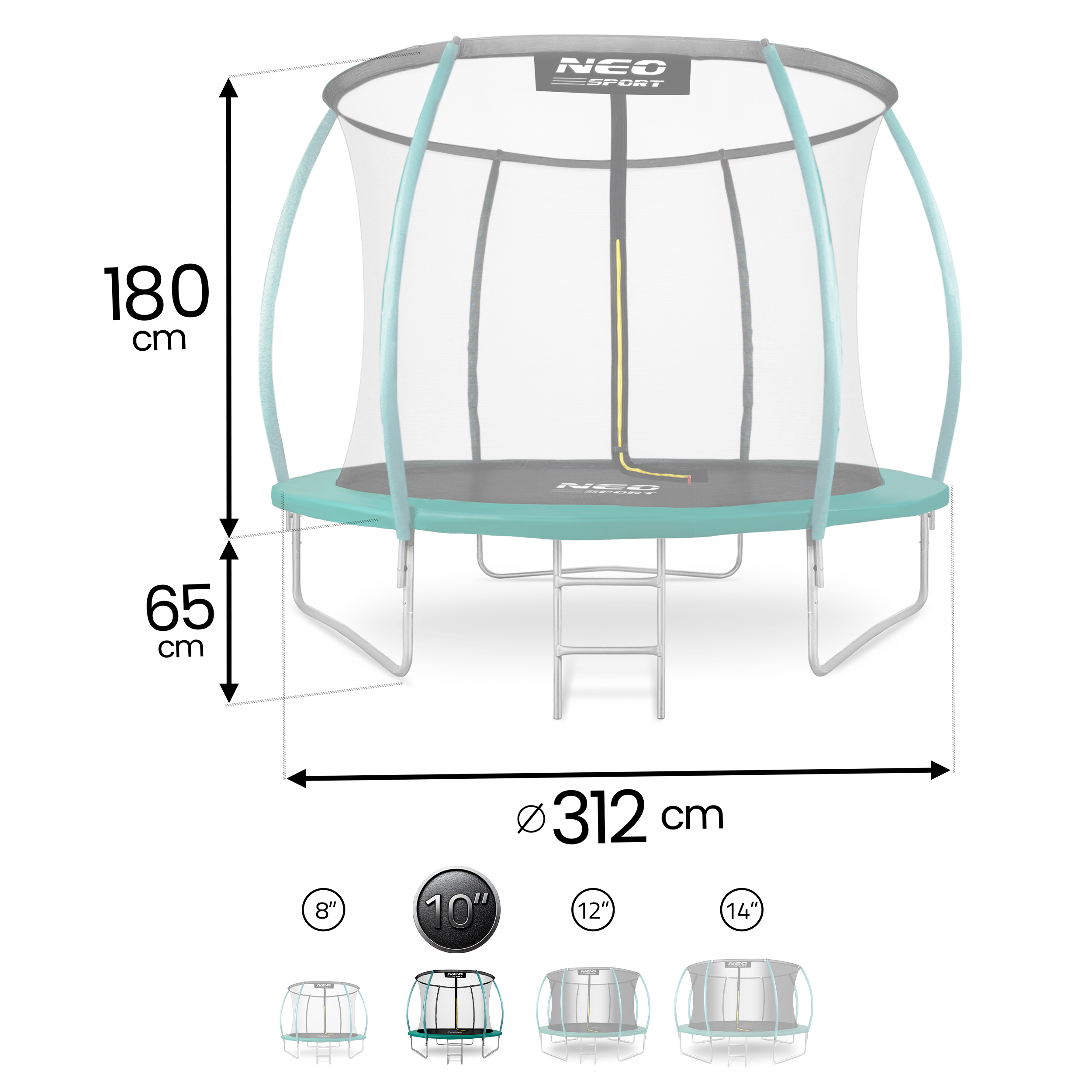 Trampolina z siatką zabezpieczającą, wysokość 180cm, wysokość 65cm, średnica 312cm.