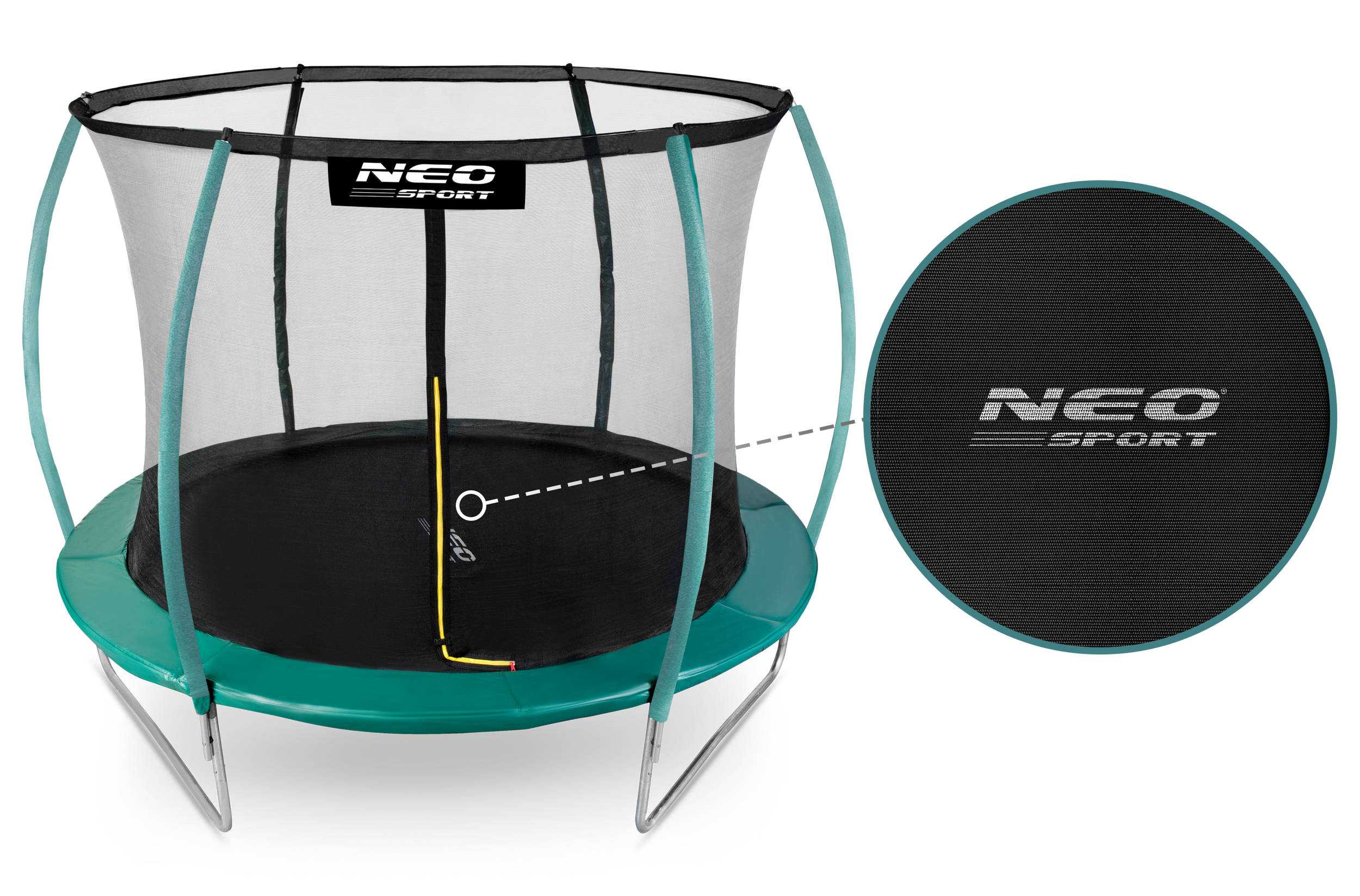 Zielona trampolina z siatką zabezpieczającą i logo NEO SPORT. Zbliżenie tekstury.