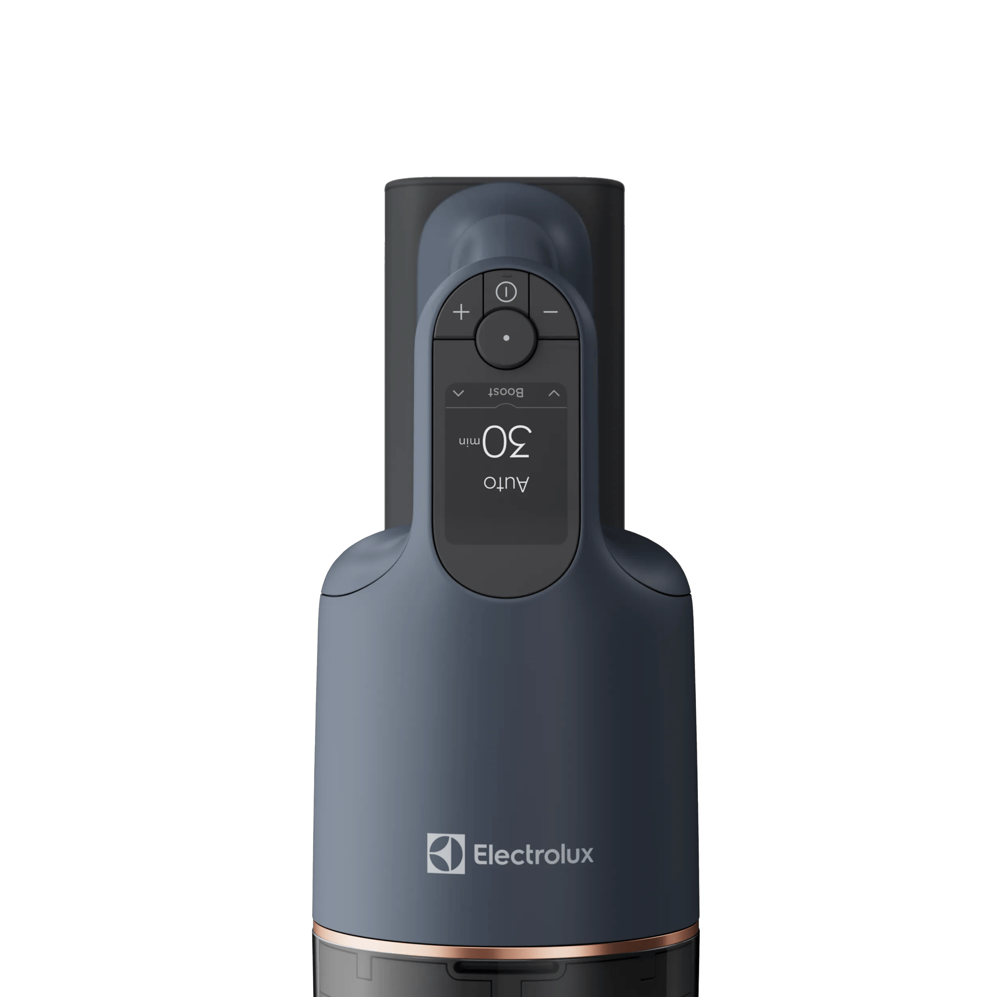 Manico aspirapolvere grigio scuro con touchscreen e controlli.