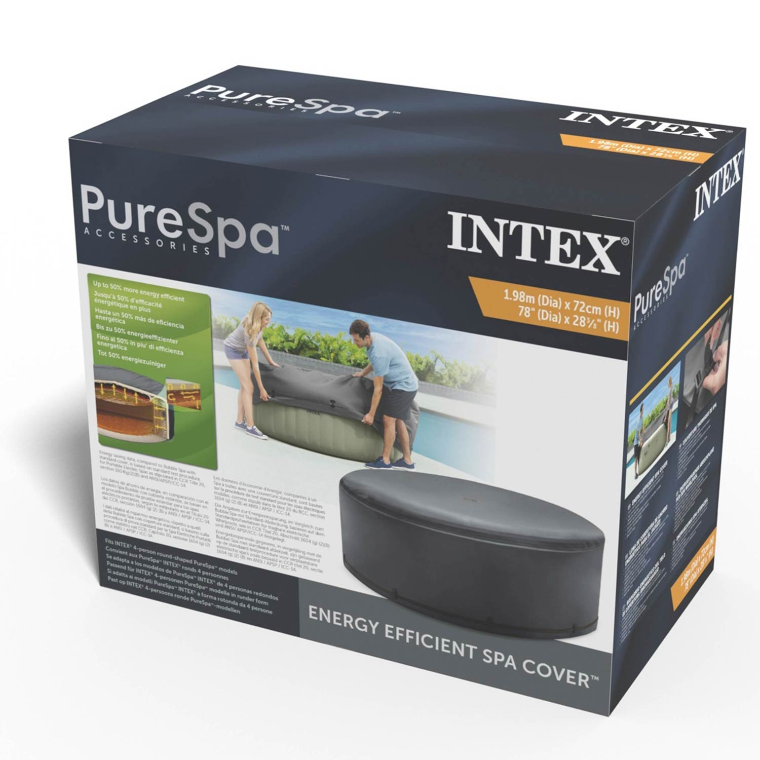 Verpackung für eine runde, energieeffiziente Intex PureSpa-Abdeckung mit Maßen.