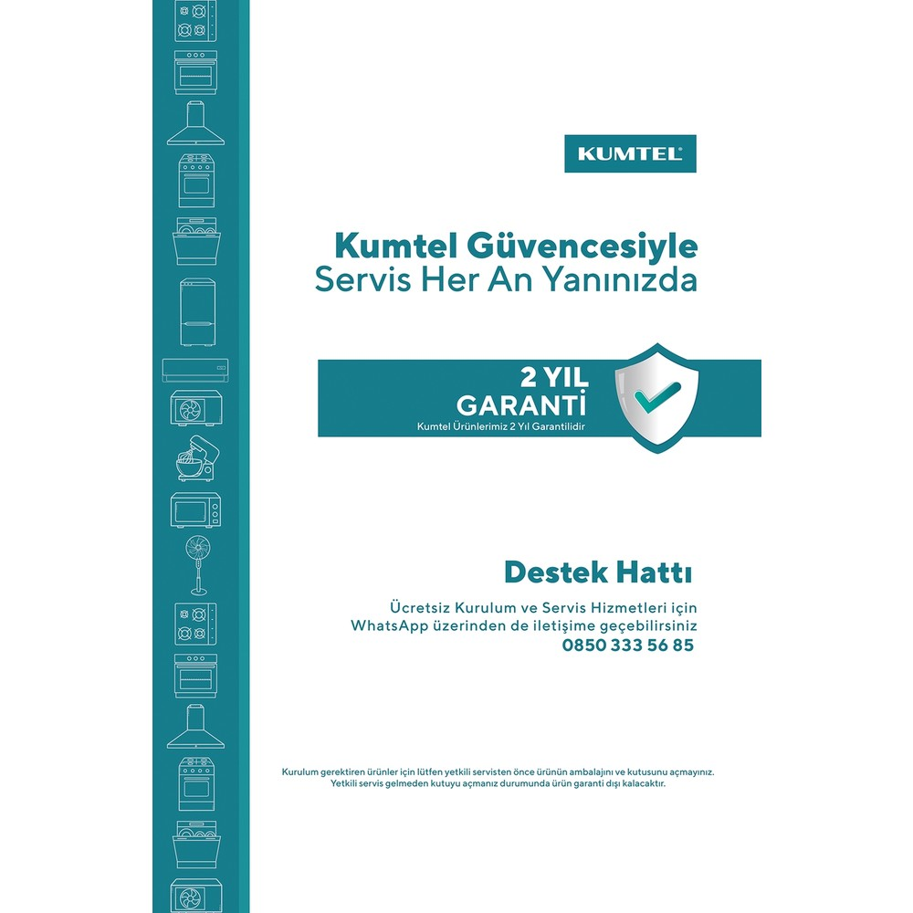 Kumtel logosu, 2 yıl garanti kalkanı, müşteri hizmetleri numarası ve cihaz ikonları.