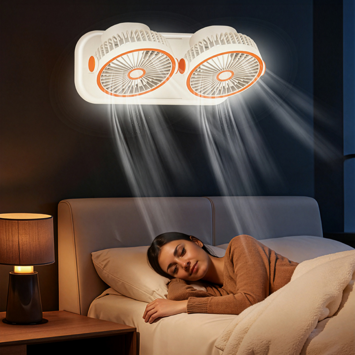 Ventilador doble enfría a mujer durmiendo en cama con flujo de aire.