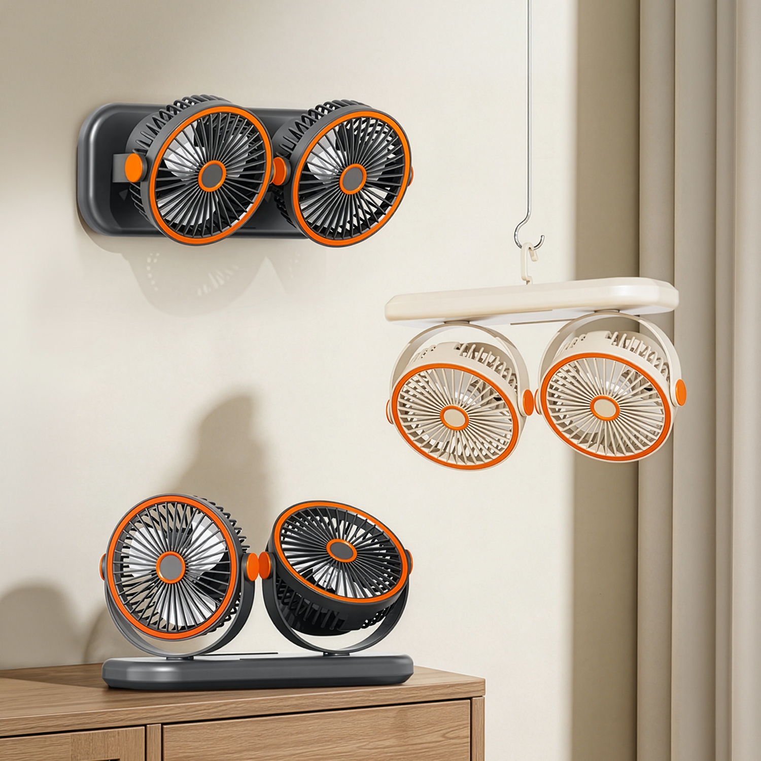 Tres ventiladores dobles en diferentes colores y montajes.