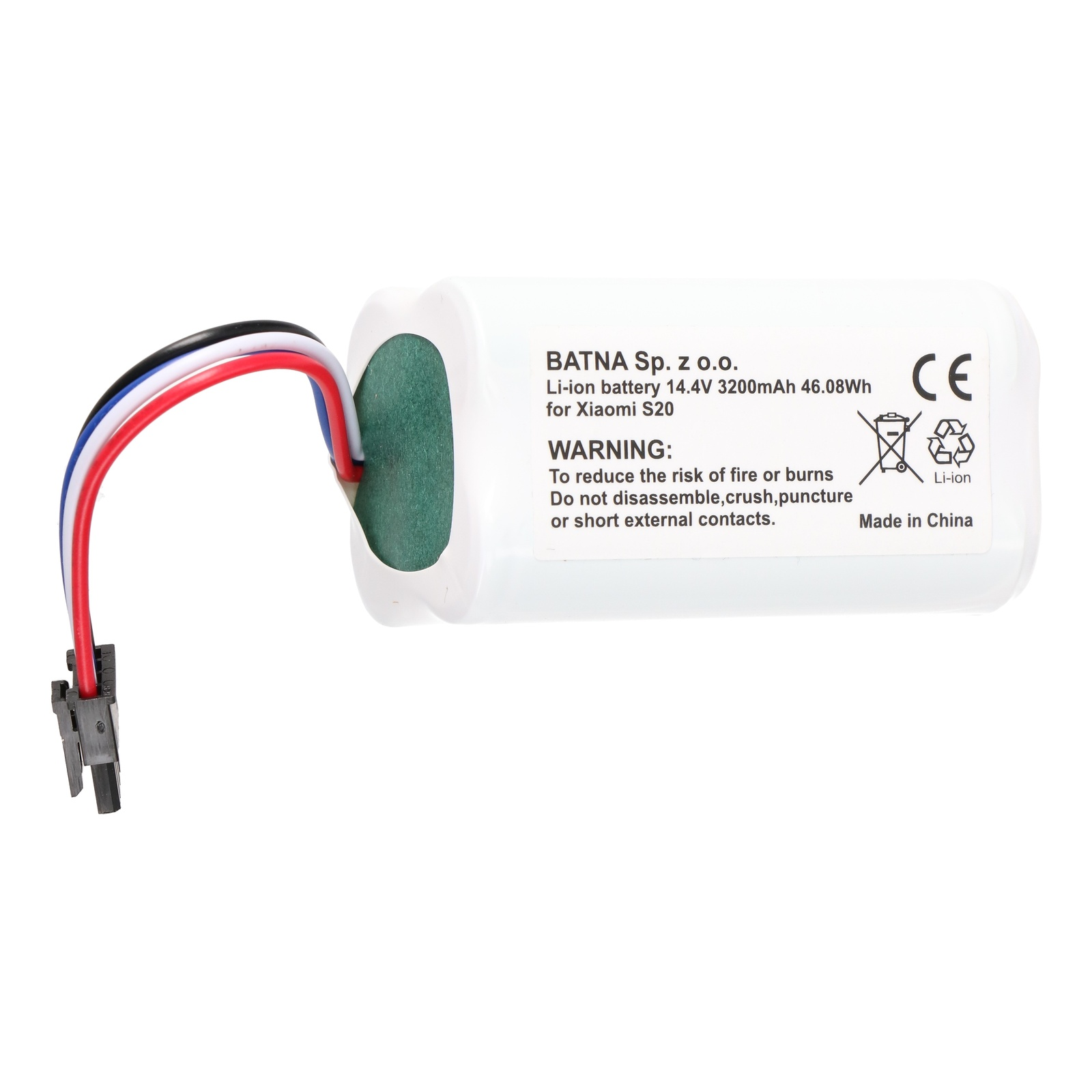 Bateria Li-ion 14.4V 3200mAh z przewodami i ostrzeżeniami, znak CE.
