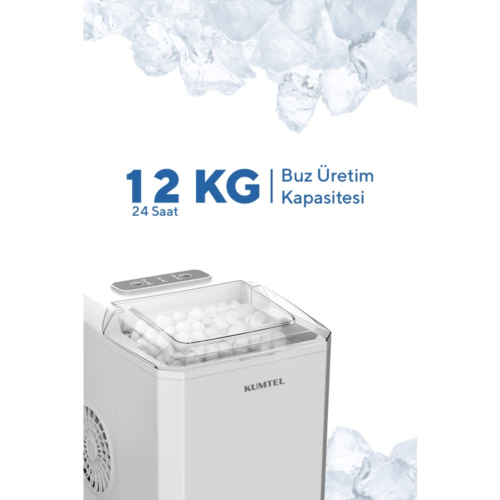 Beyaz buz makinesi, dolu buz haznesi, 12kg/24s kapasiteli ve üst kontroller.