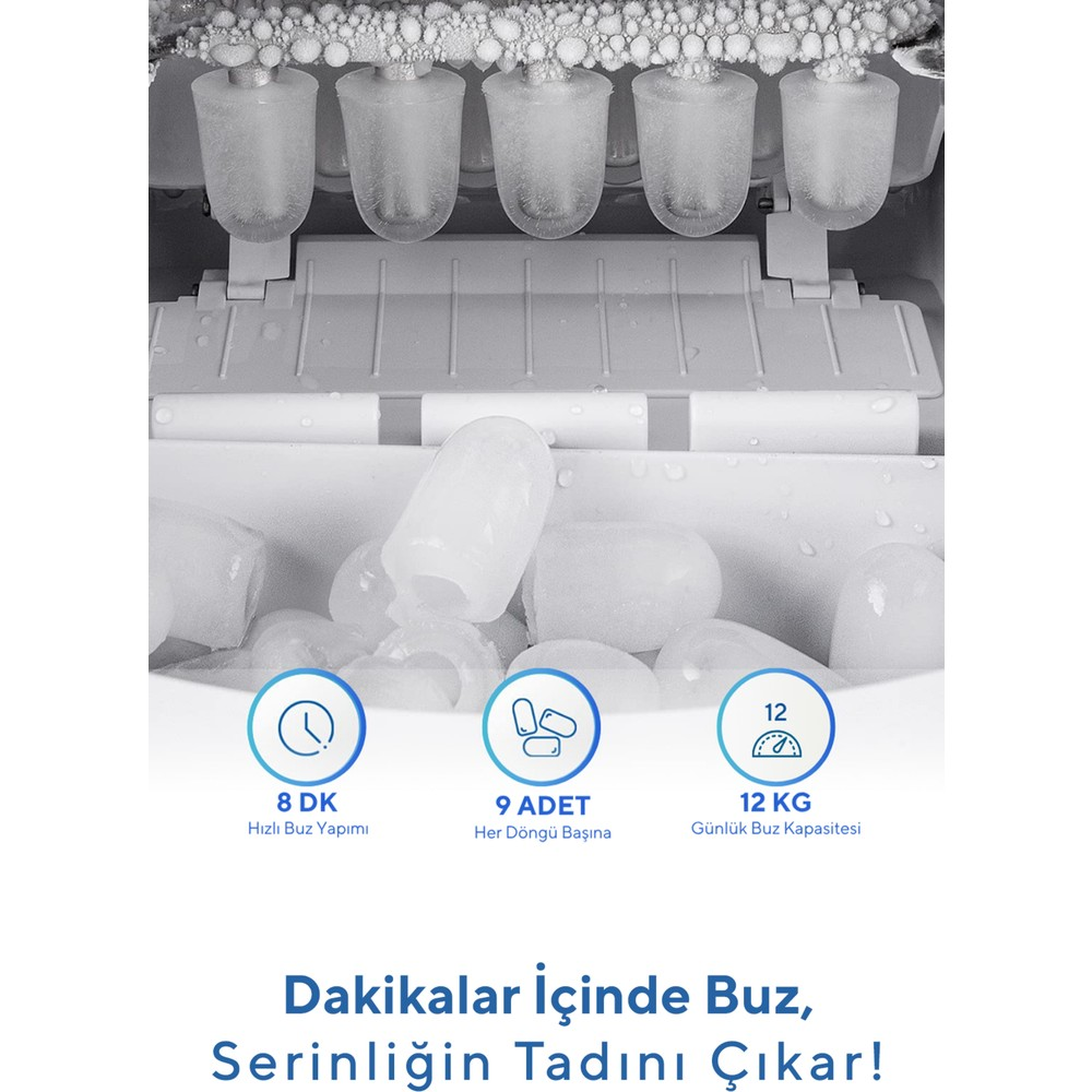 Hazır buz küpleri ve hız ikonlarına sahip buz makinesi.