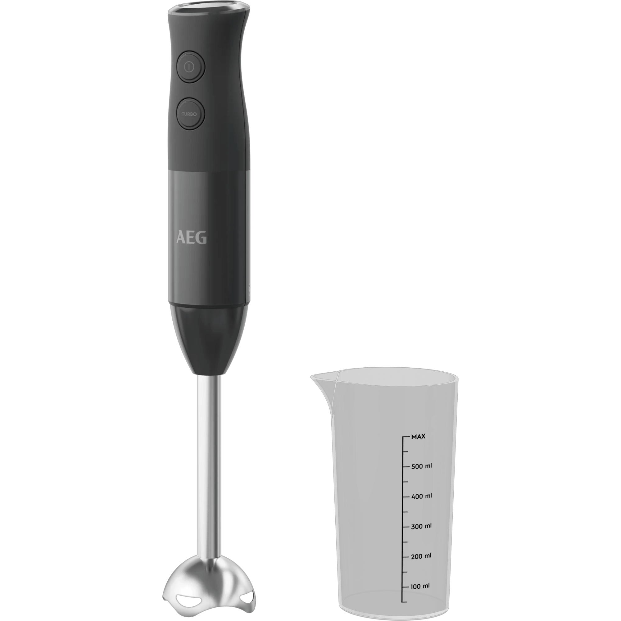 Una batidora de mano AEG negra con vaso medidor. La batidora tiene dos botones.