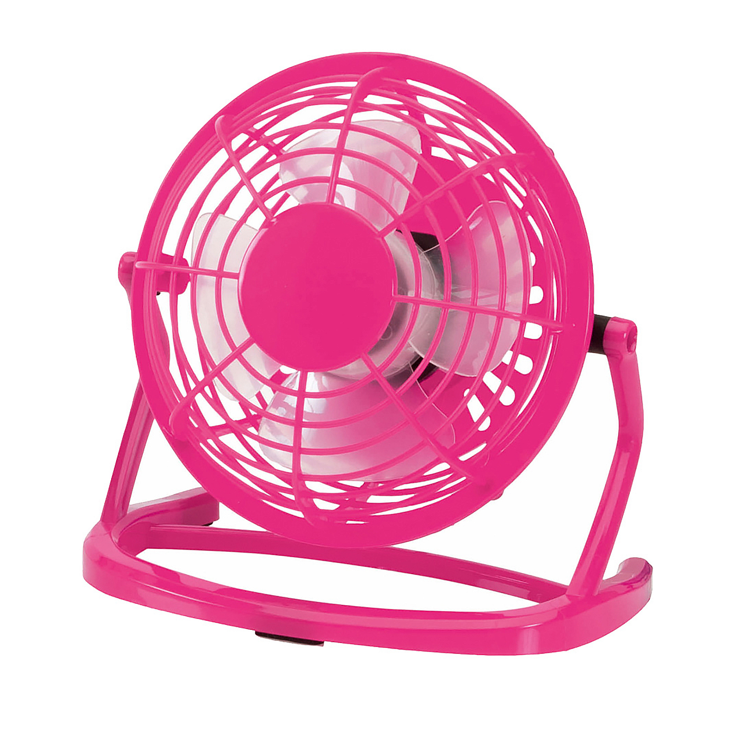 Un ventilador rosa pequeño está sobre una base.