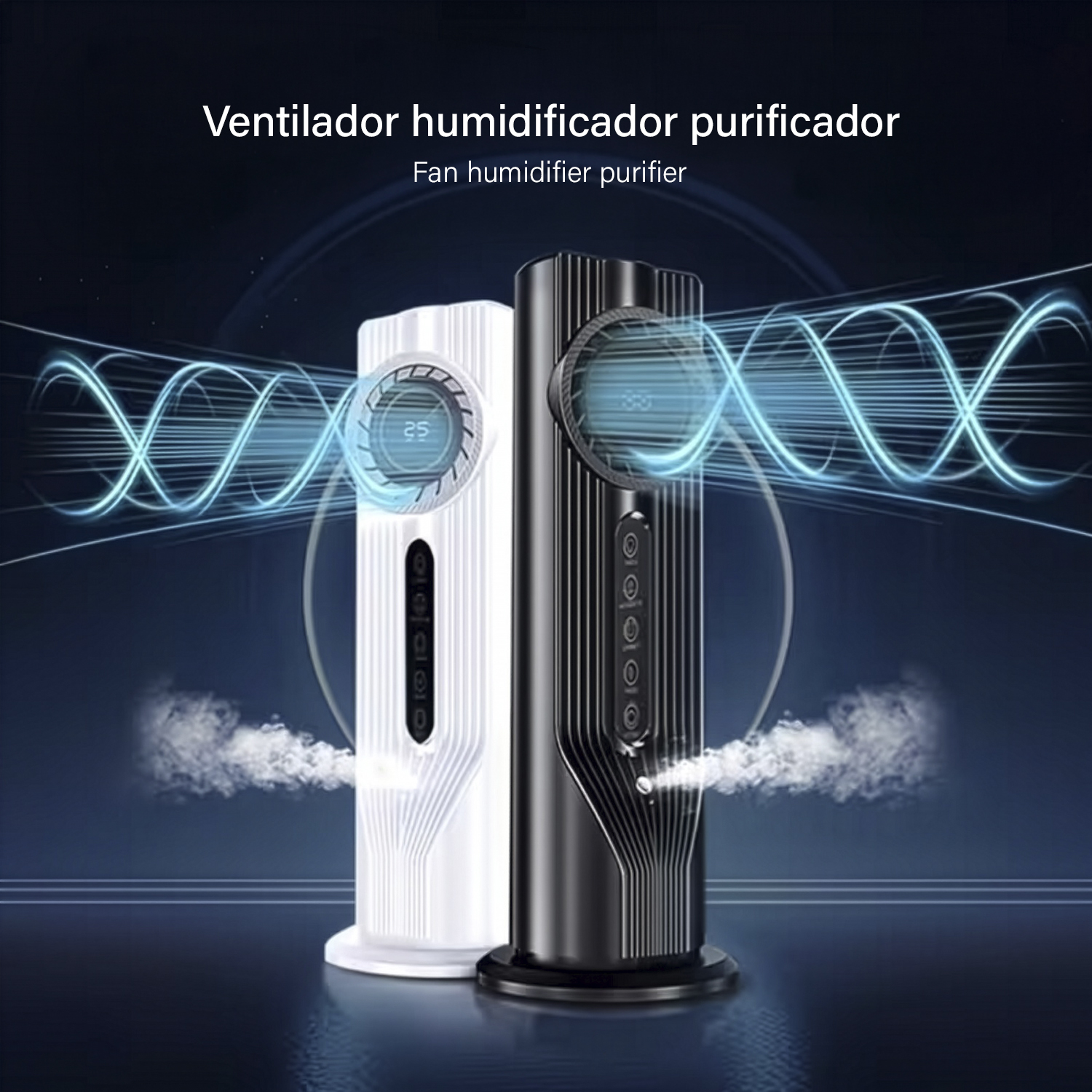 Dos humidificadores futuristas, uno blanco y otro negro, emiten niebla y luz azul.