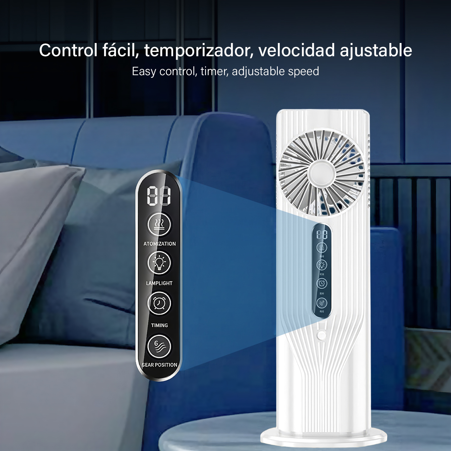 Un ventilador de torre blanco con controles y pantalla digital está sobre una mesa.