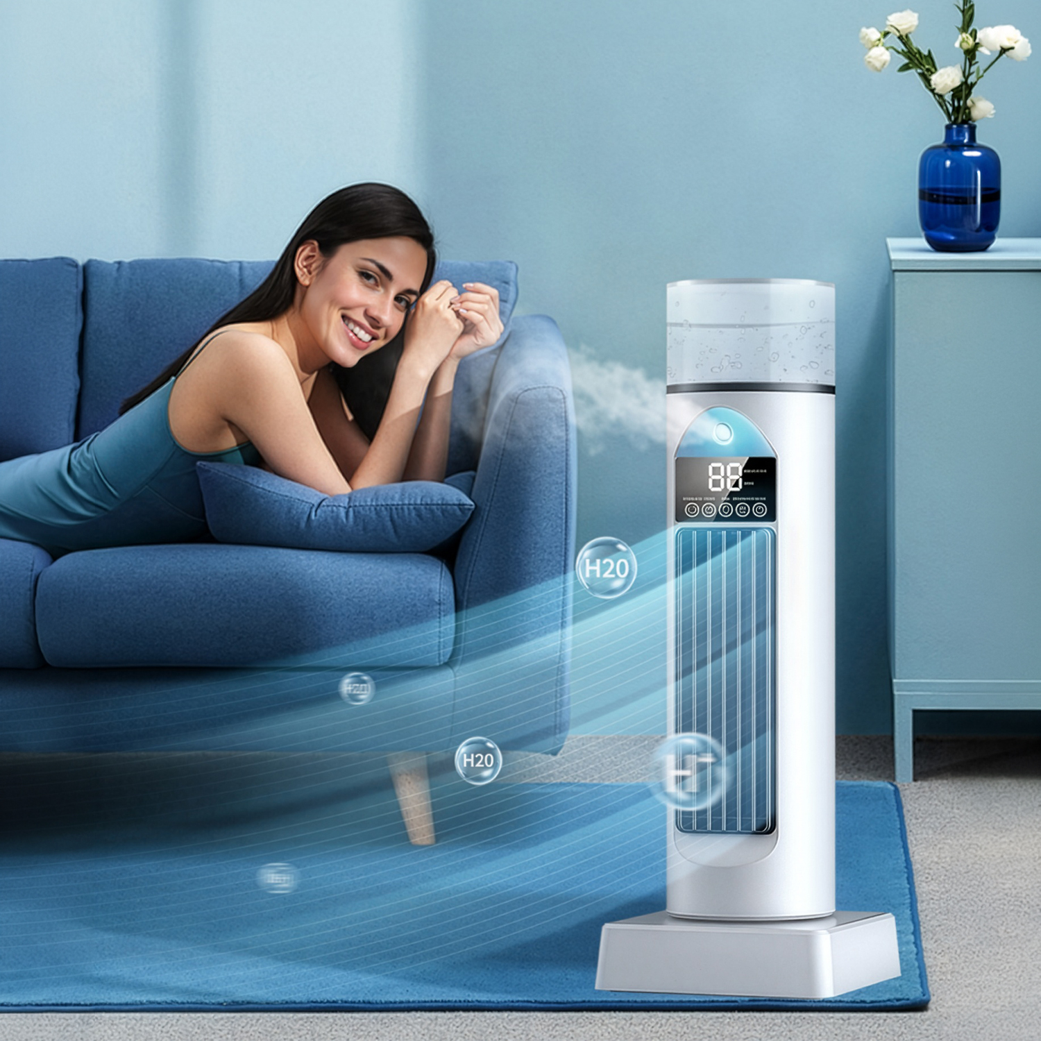 Una mujer yace en un sofá junto a un humidificador blanco que emite niebla.