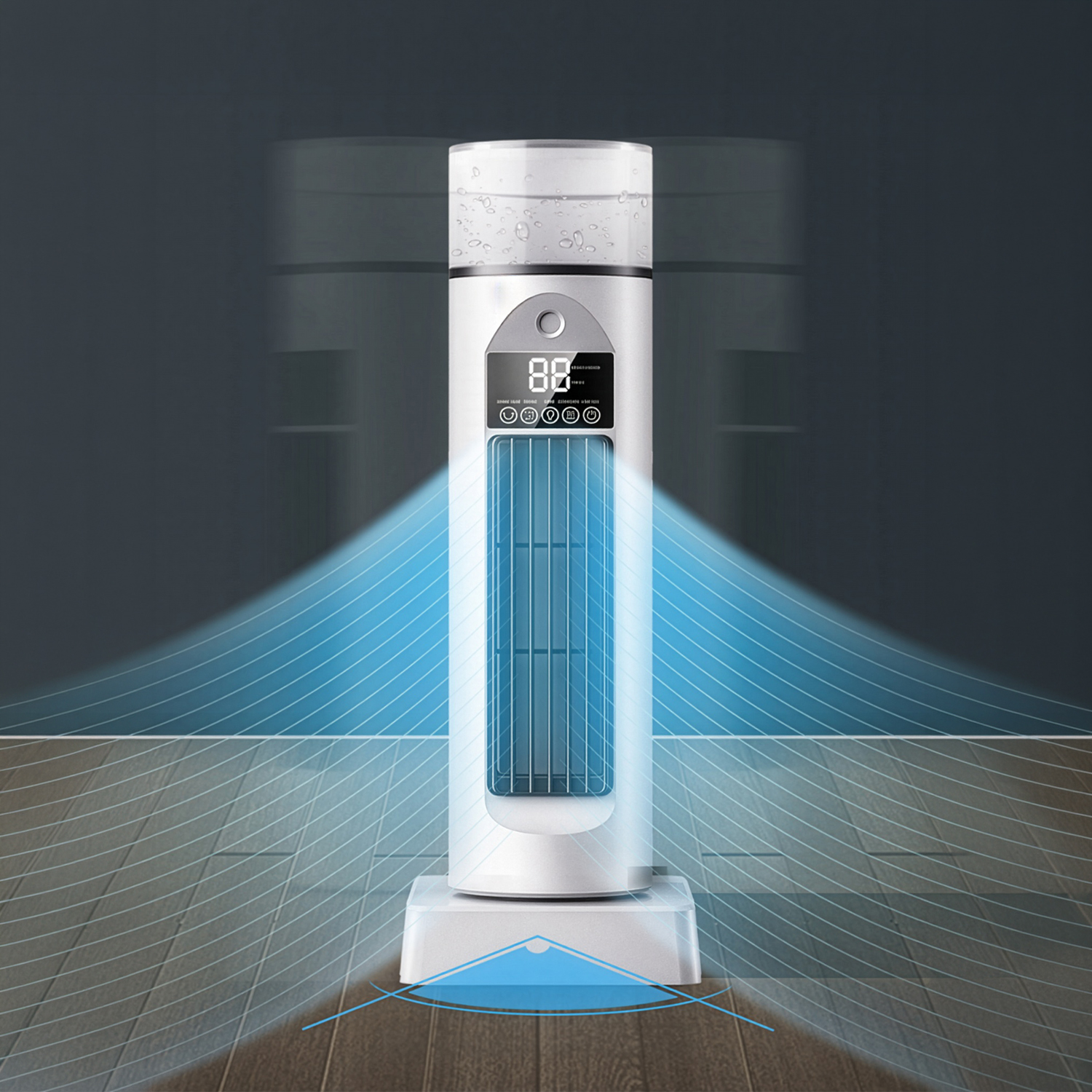 Ventilador de torre blanco con pantalla digital, emitiendo corrientes de aire azules sobre suelo de madera.