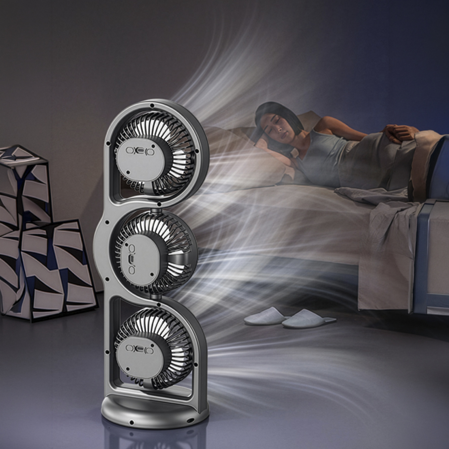 Un ventilador de tres cabezas enfría a una mujer durmiendo en un dormitorio.