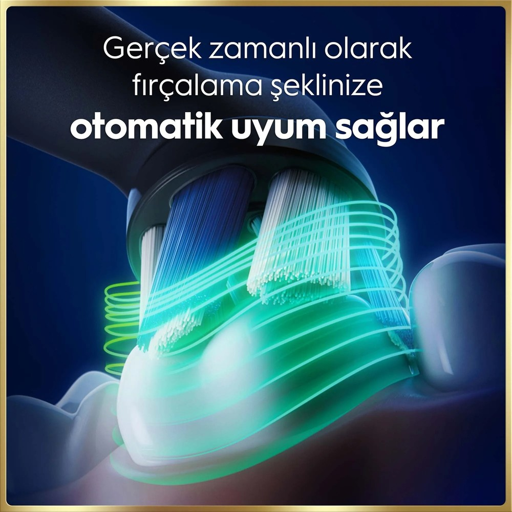 Elektrikli diş fırçası mavi ve beyaz kıllarla dişleri temizler, yeşil ışık animasyonu.