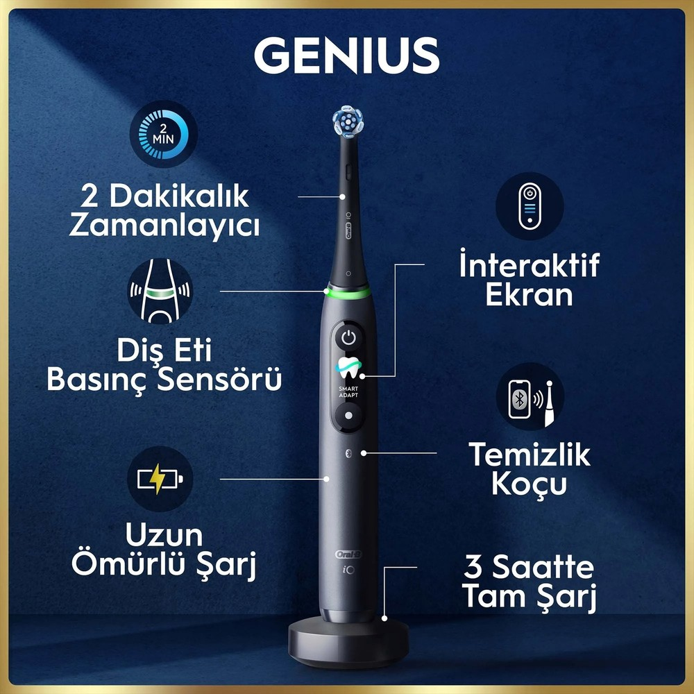 Etkileşimli ekranlı, zamanlayıcılı, basınç sensörlü, uzun ömürlü pilli koyu renkli elektrikli diş fırçası.