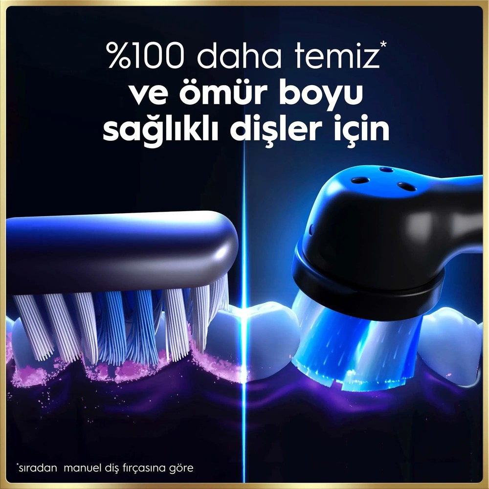 Elektrikli diş fırçası dişleri temizliyor, sağda mavi ışıklı döner fırça.