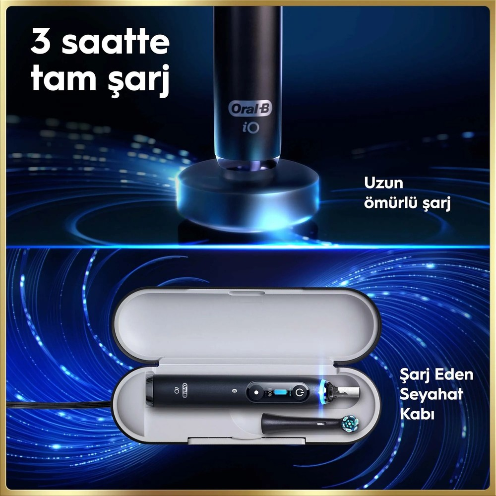 Oral-B iO elektrikli diş fırçası 3 saatte şarj olur, şarjlı seyahat kabı bulunur.