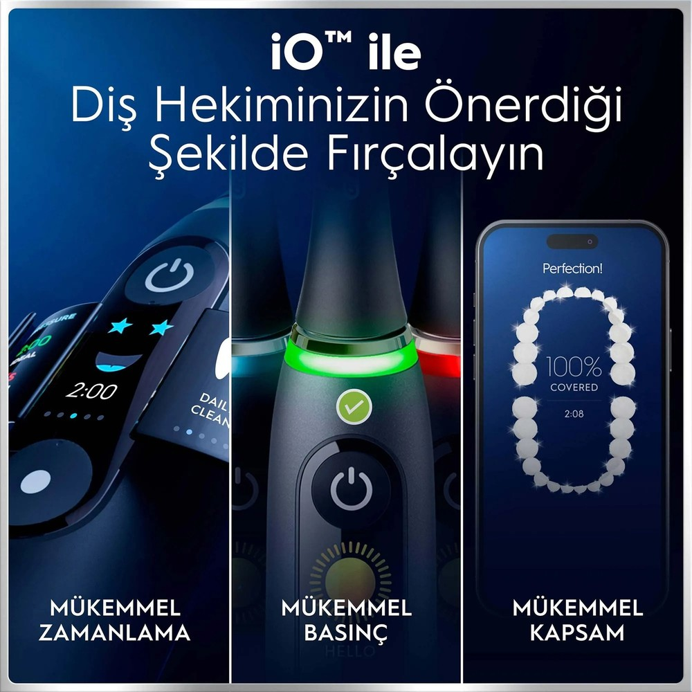 Üç elektrikli diş fırçası başlığı ve bir telefon uygulaması fırçalama süresini, basıncını gösterir.