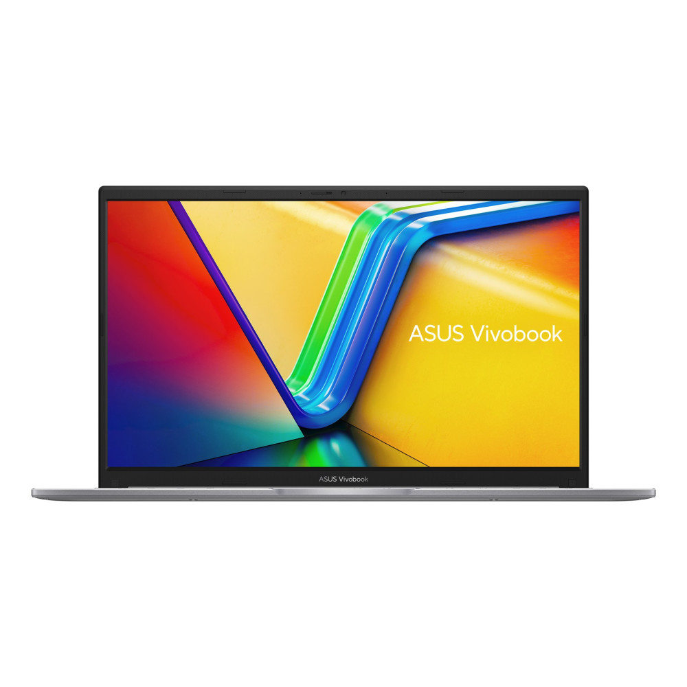 Srebrny laptop ASUS Vivobook z kolorową tapetą.