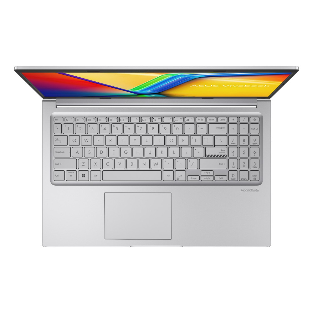 Srebrny laptop ASUS Vivobook otwarty, pokazuje klawiaturę i kolorowy ekran.
