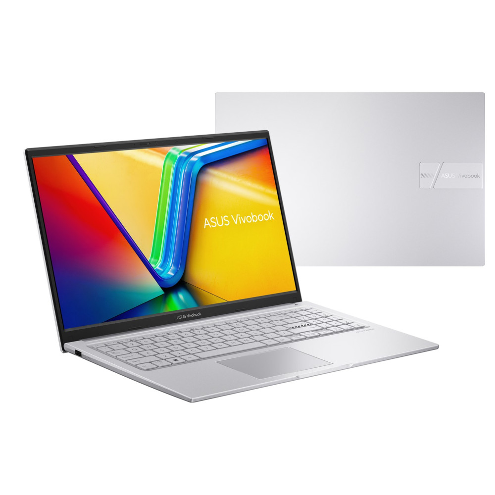 Srebrny laptop Asus Vivobook, otwarty z kolorowym ekranem i zamknięty obok.
