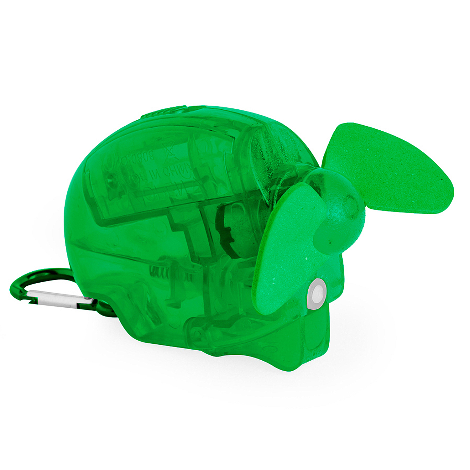 Un pequeño ventilador verde transparente con aspas y un clip de mosquetón.