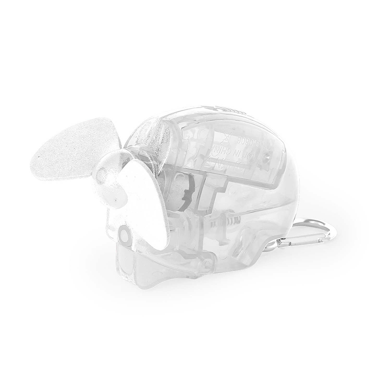 Ventilador transparente con forma de abeja, hélice y clip de mosquetón.