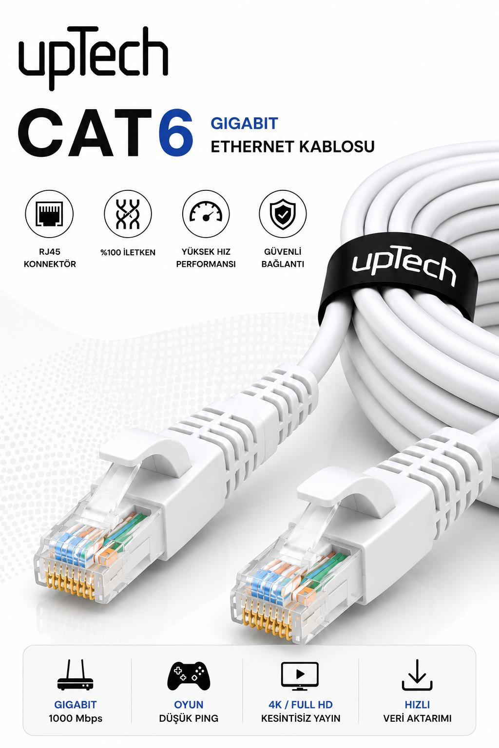 RJ45 konektörlü beyaz CAT 6 Gigabit Ethernet kablosu. İkonlar özellikleri gösterir.
