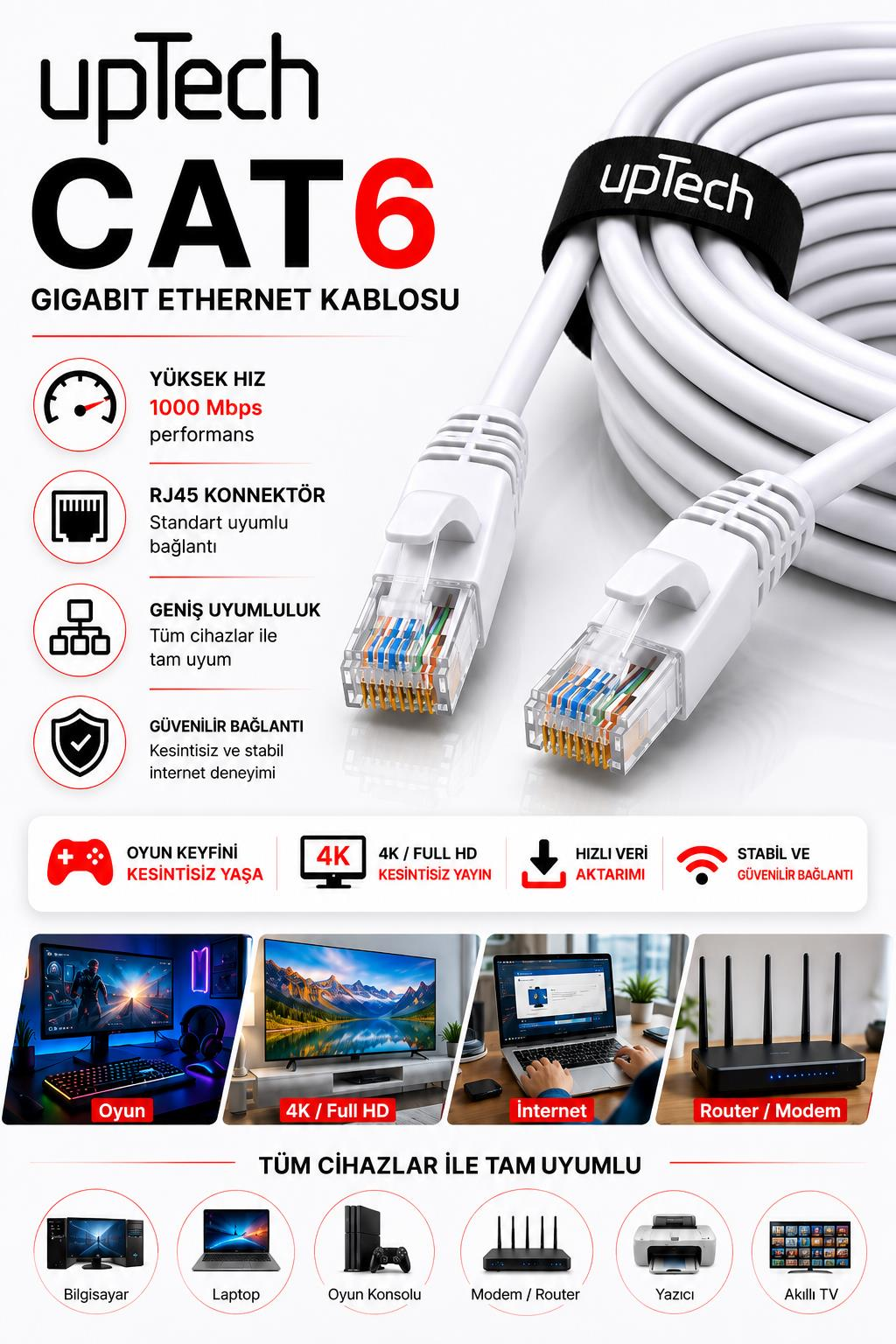 RJ45 konnektörlü beyaz UpTech CAT6 Gigabit Ethernet kablosu.