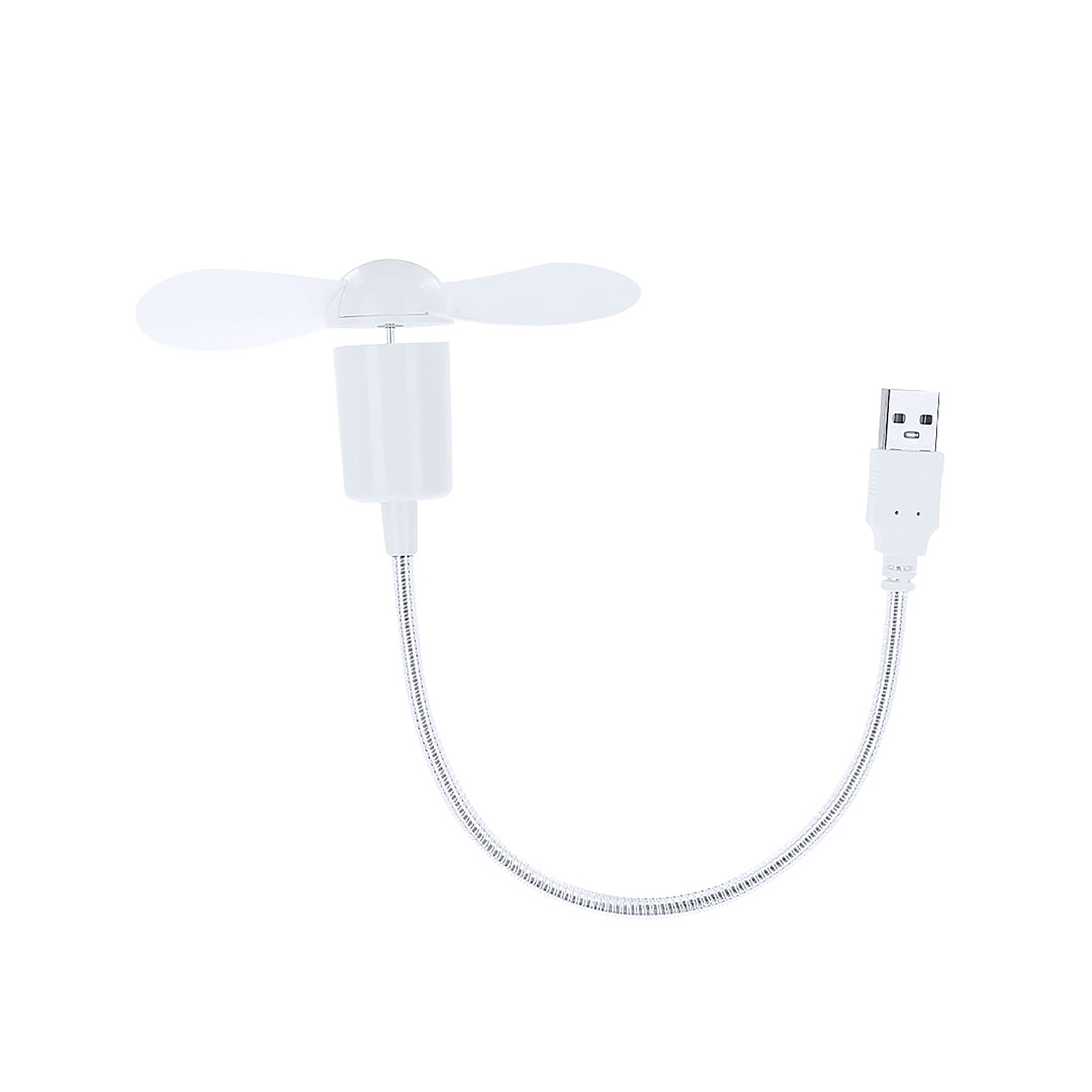 Un pequeño ventilador USB blanco con cuello de cisne flexible y conector USB.