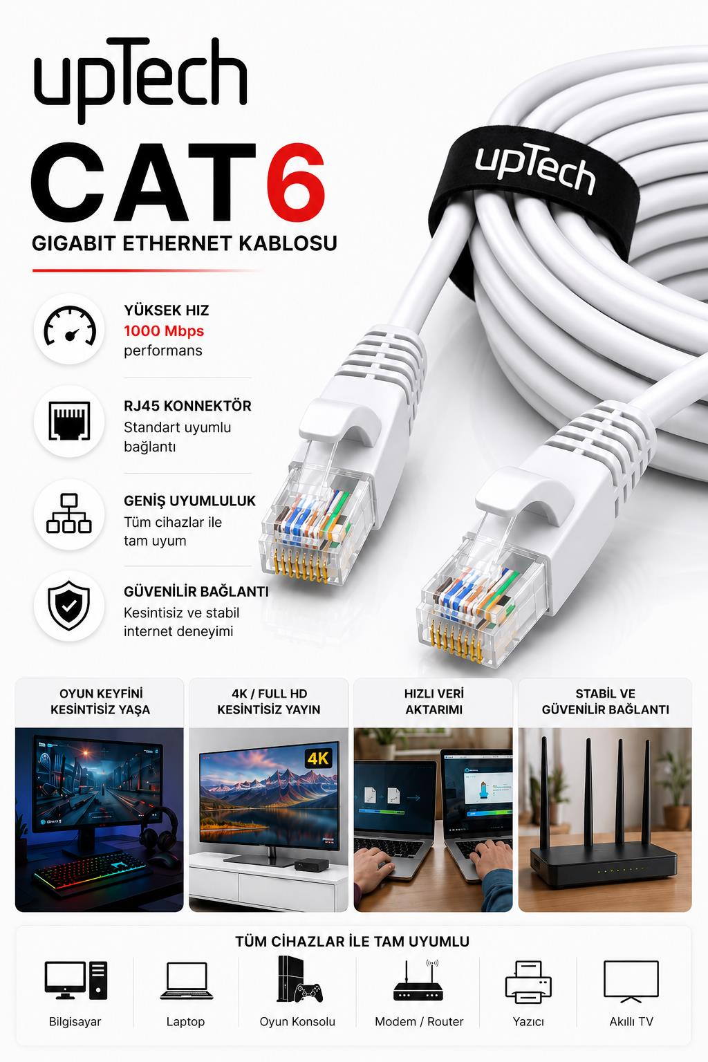 RJ45 konektörlü beyaz bir UpTech CAT6 Gigabit Ethernet kablosu.