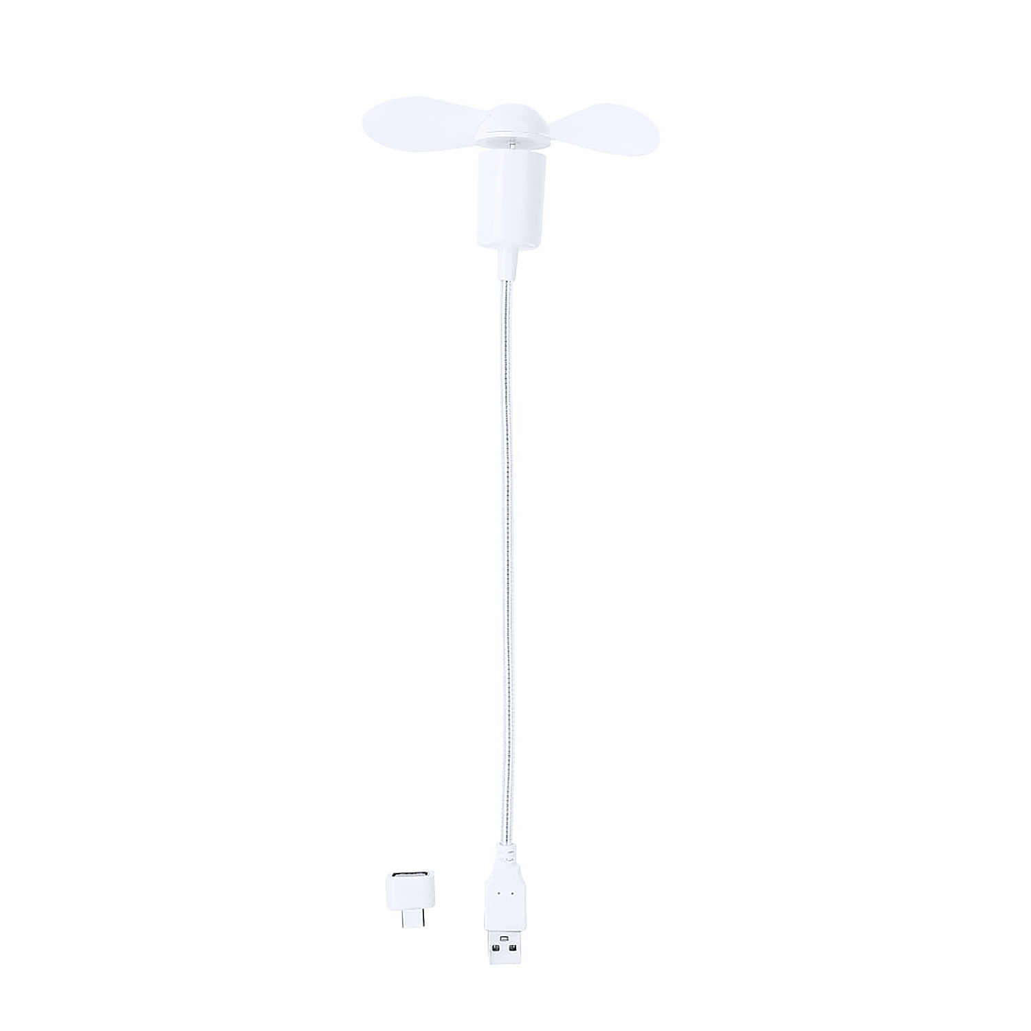 Un ventilador USB blanco con cable flexible y adaptador USB-C.