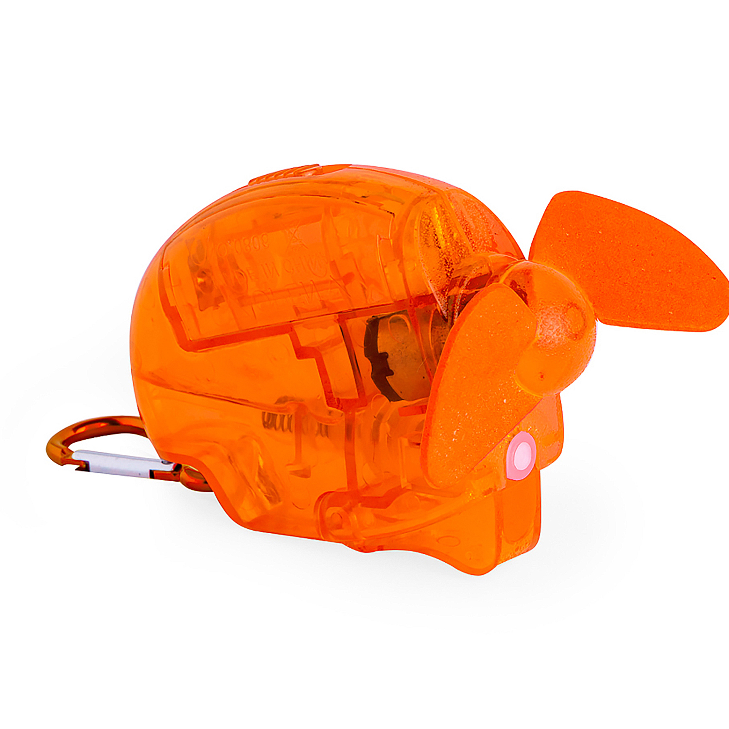 Un mini ventilador naranja transparente con un clip de mosquetón sujeto al costado.