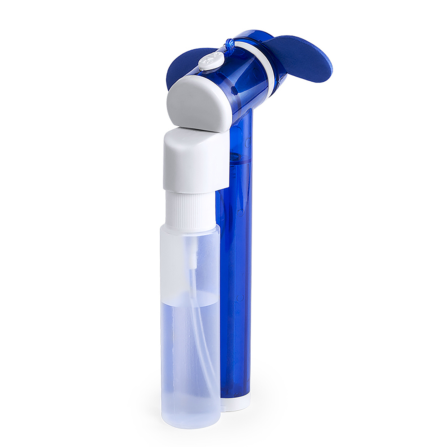 Un ventilador portátil azul y blanco con una botella rociadora transparente.