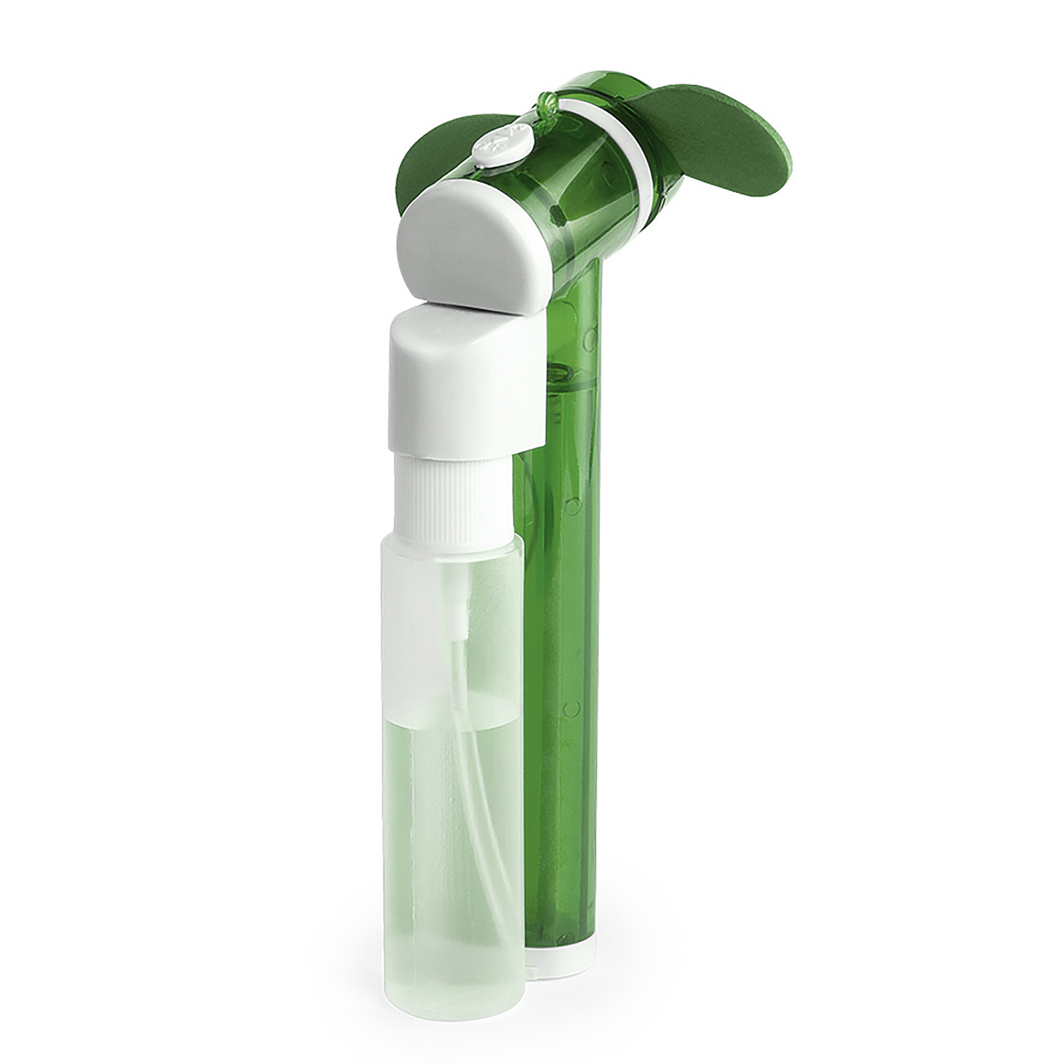 Un pulverizador verde pequeño con un recipiente transparente y un ventilador.