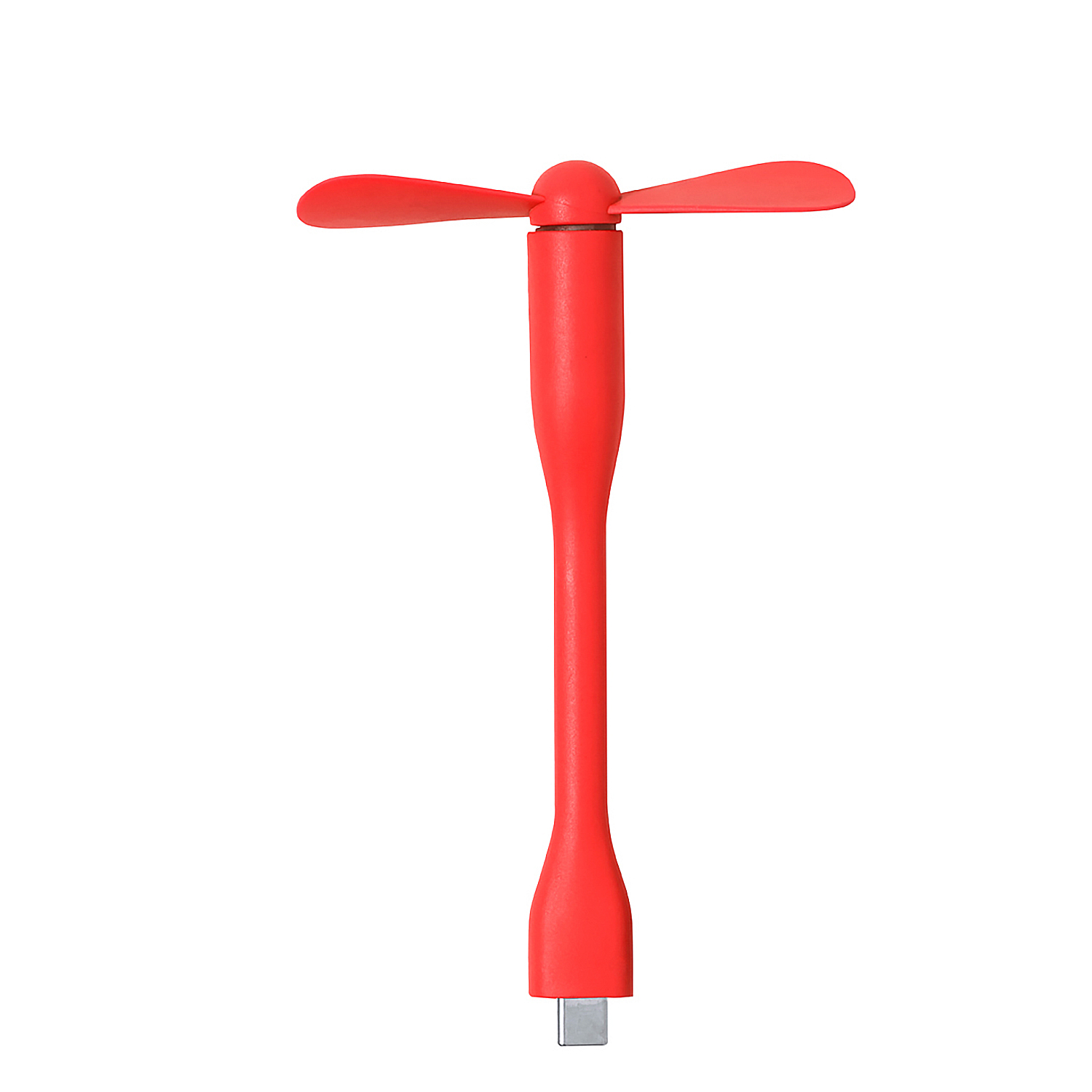 Un ventilador USB rojo con dos aspas y un conector USB-C.