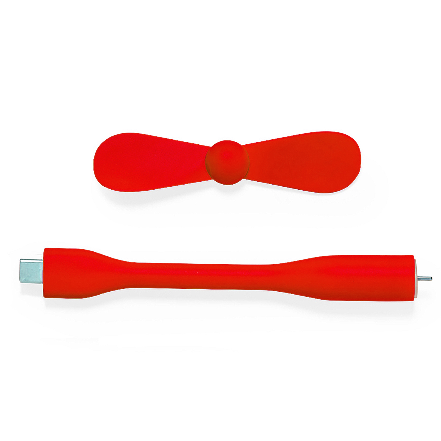 Un ventilador USB rojo y una hélice roja sobre fondo blanco.