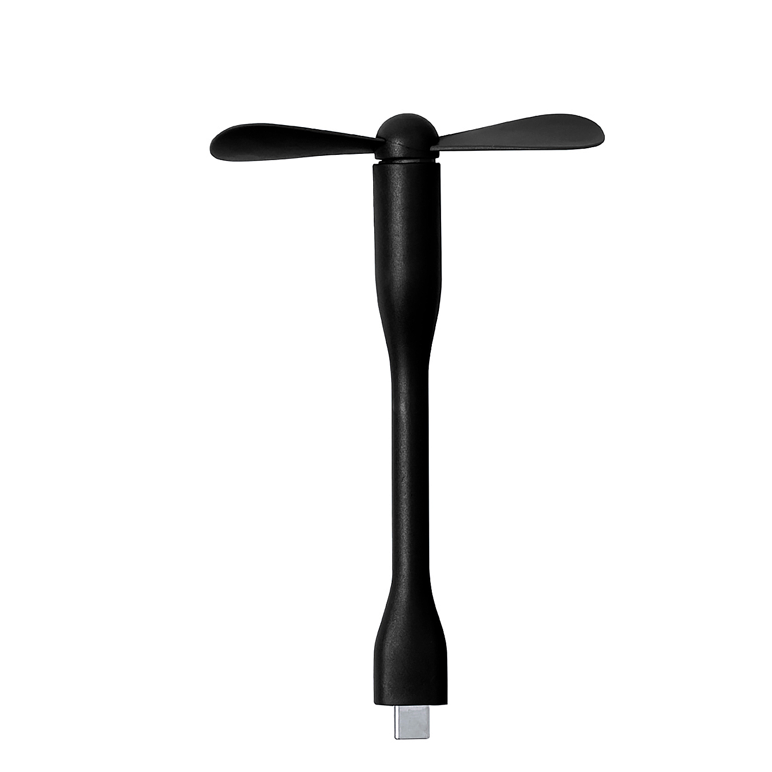Un mini ventilador USB negro con dos aspas, aislado sobre fondo blanco.