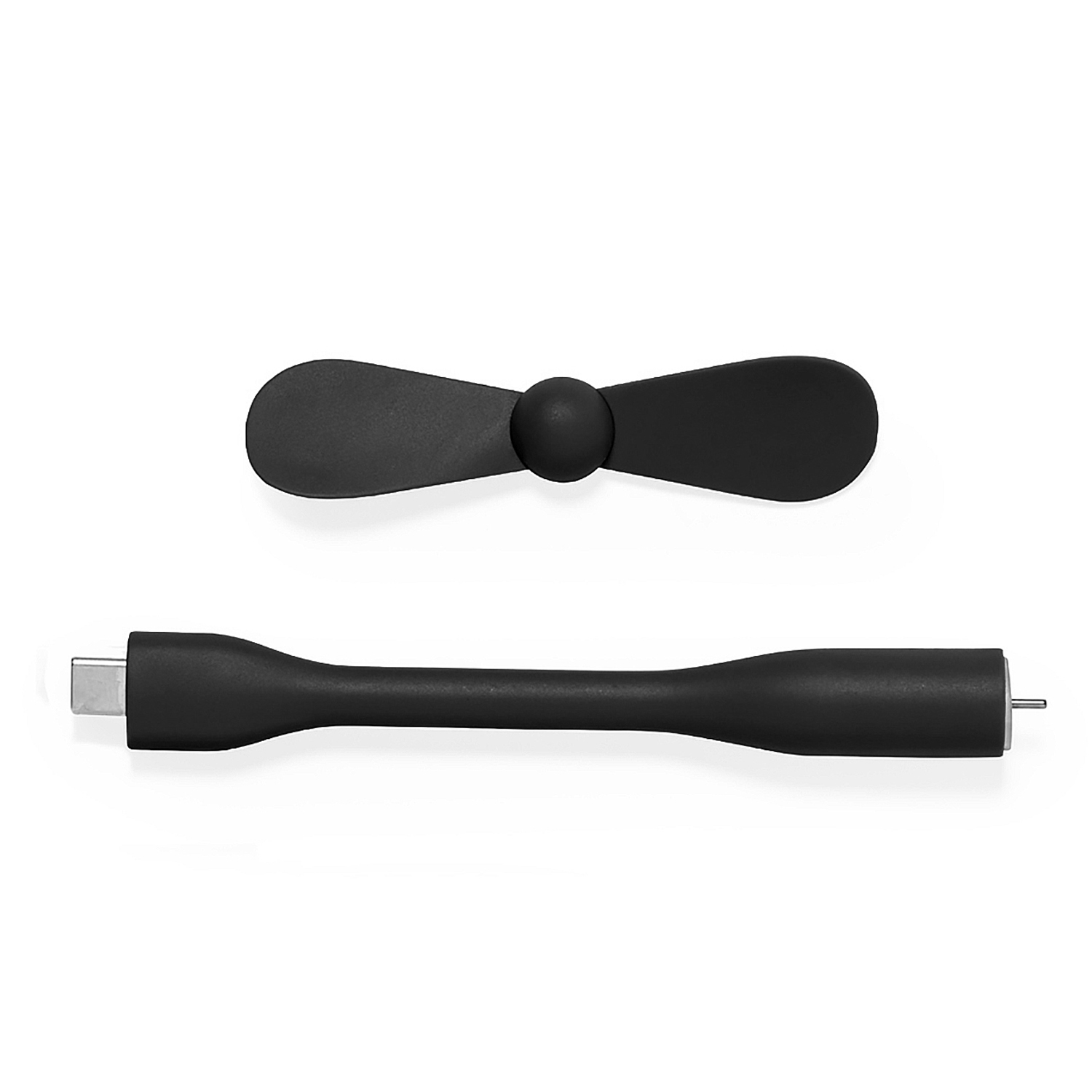 Un pequeño ventilador USB negro con cuello flexible y hélice.