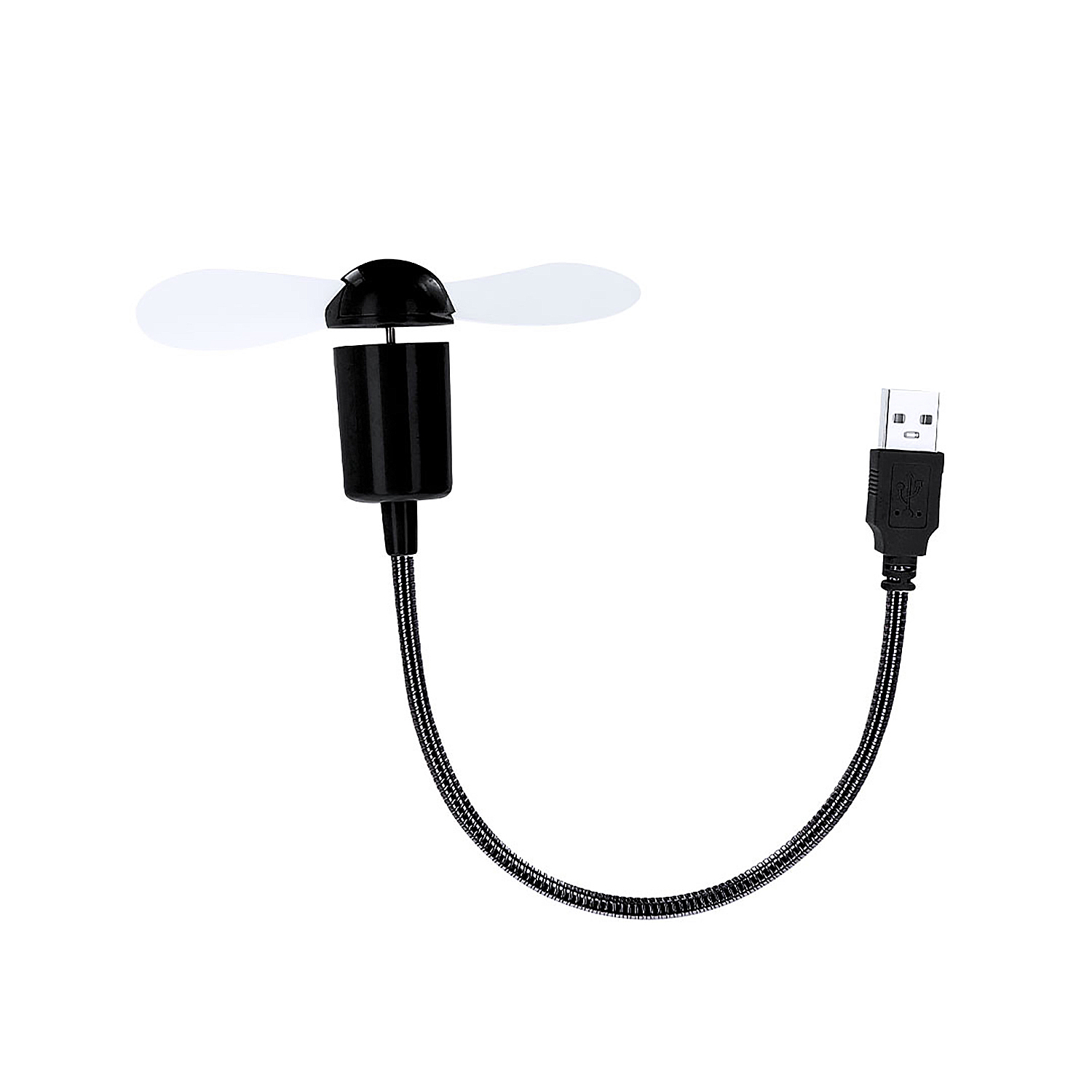Ventilador USB negro con cuello flexible y aspas blancas sobre fondo blanco.