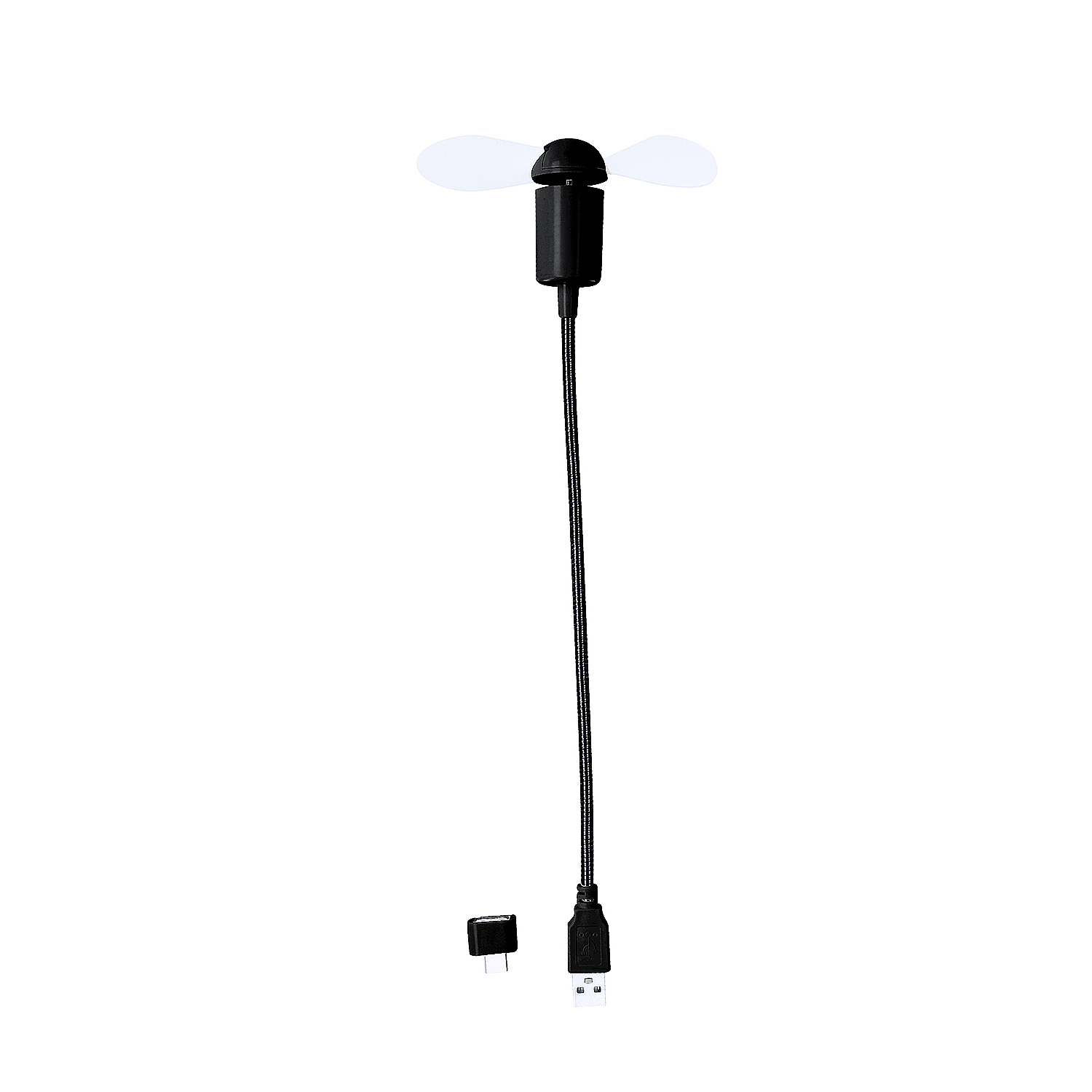 Un ventilador USB negro con dos aspas blancas y cuello flexible.