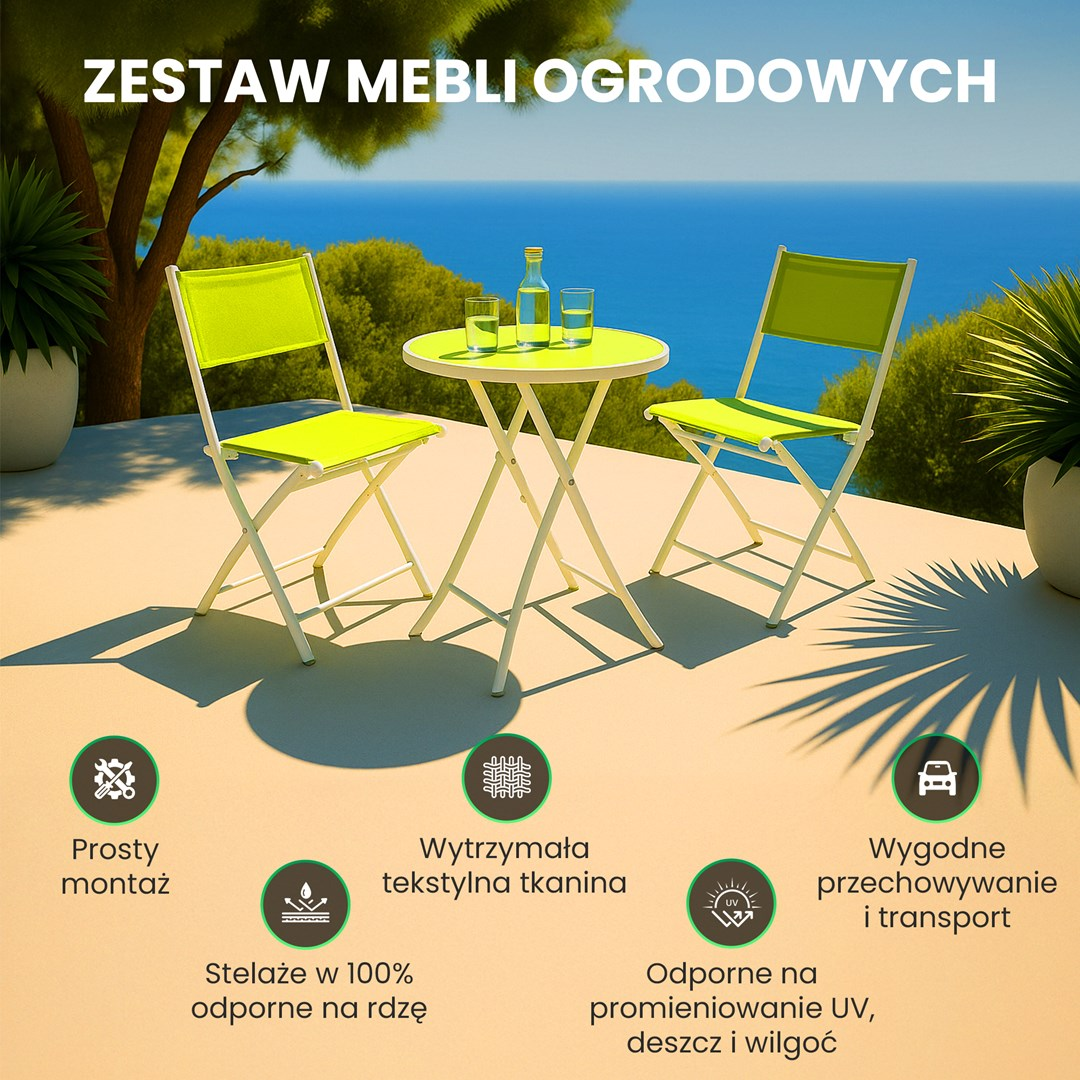 Zestaw mebli ogrodowych z dwoma krzesłami i stołem nad morzem.