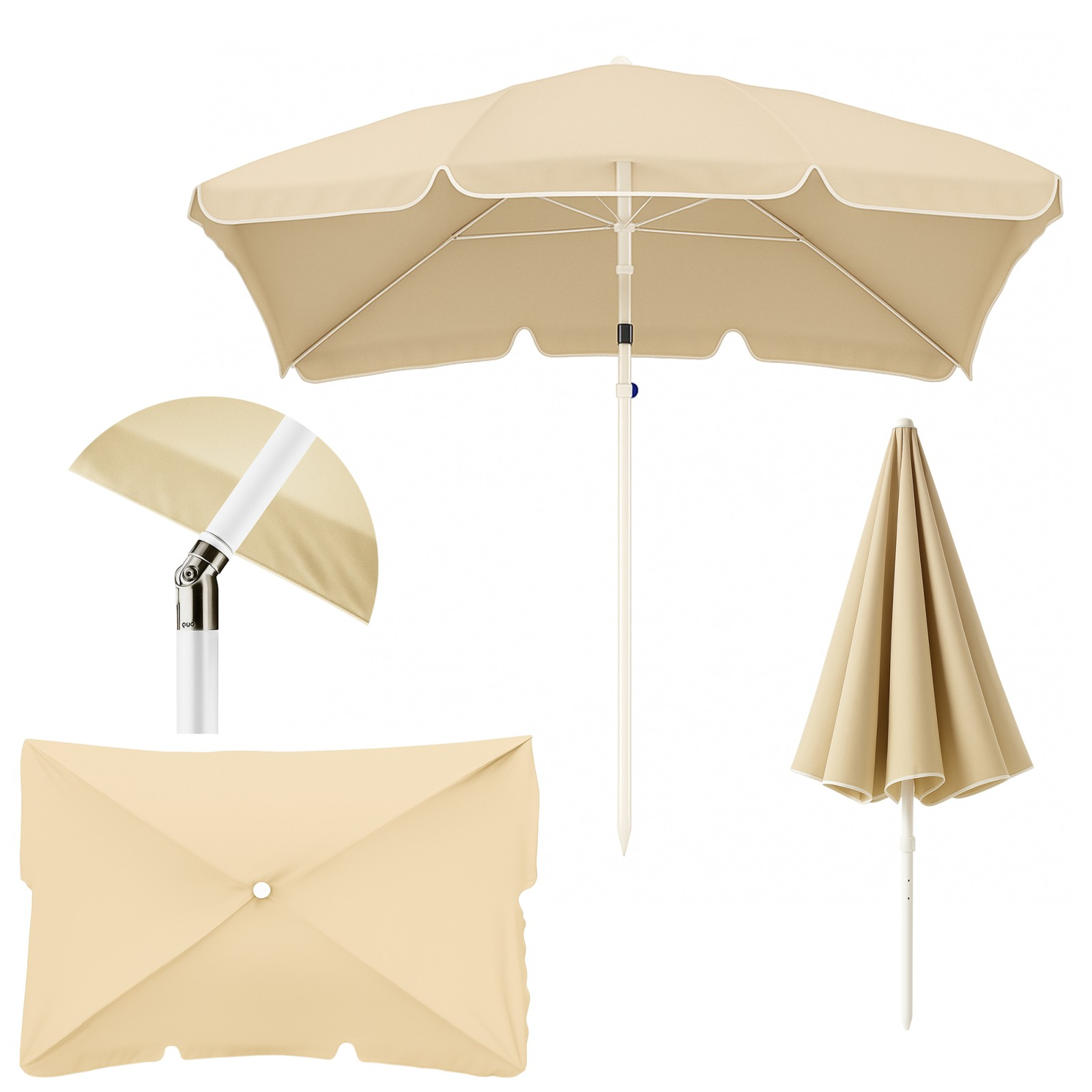 Beżowy parasol: otwarty, zamknięty i pokrowiec.
