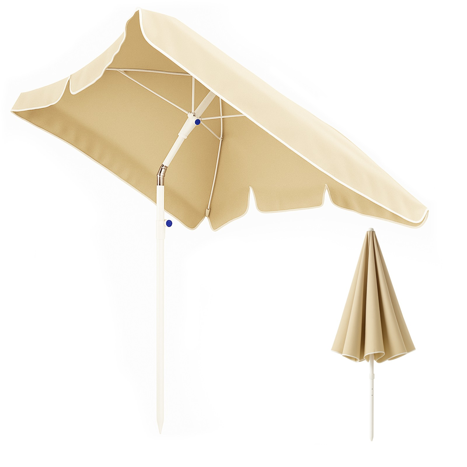 Otwarty i zamknięty beżowy parasol z białym stelażem.