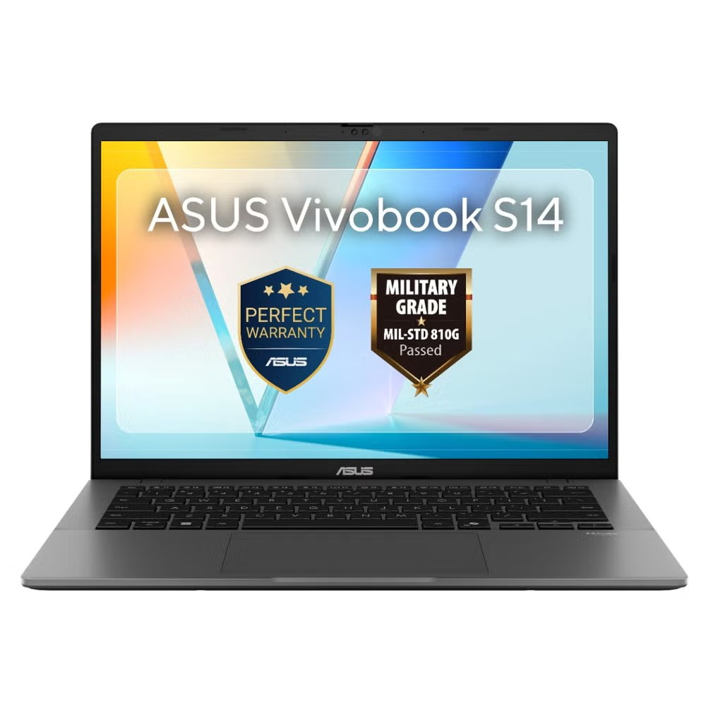 Szary laptop ASUS Vivobook S14 z certyfikatami Perfect Warranty i Military Grade.