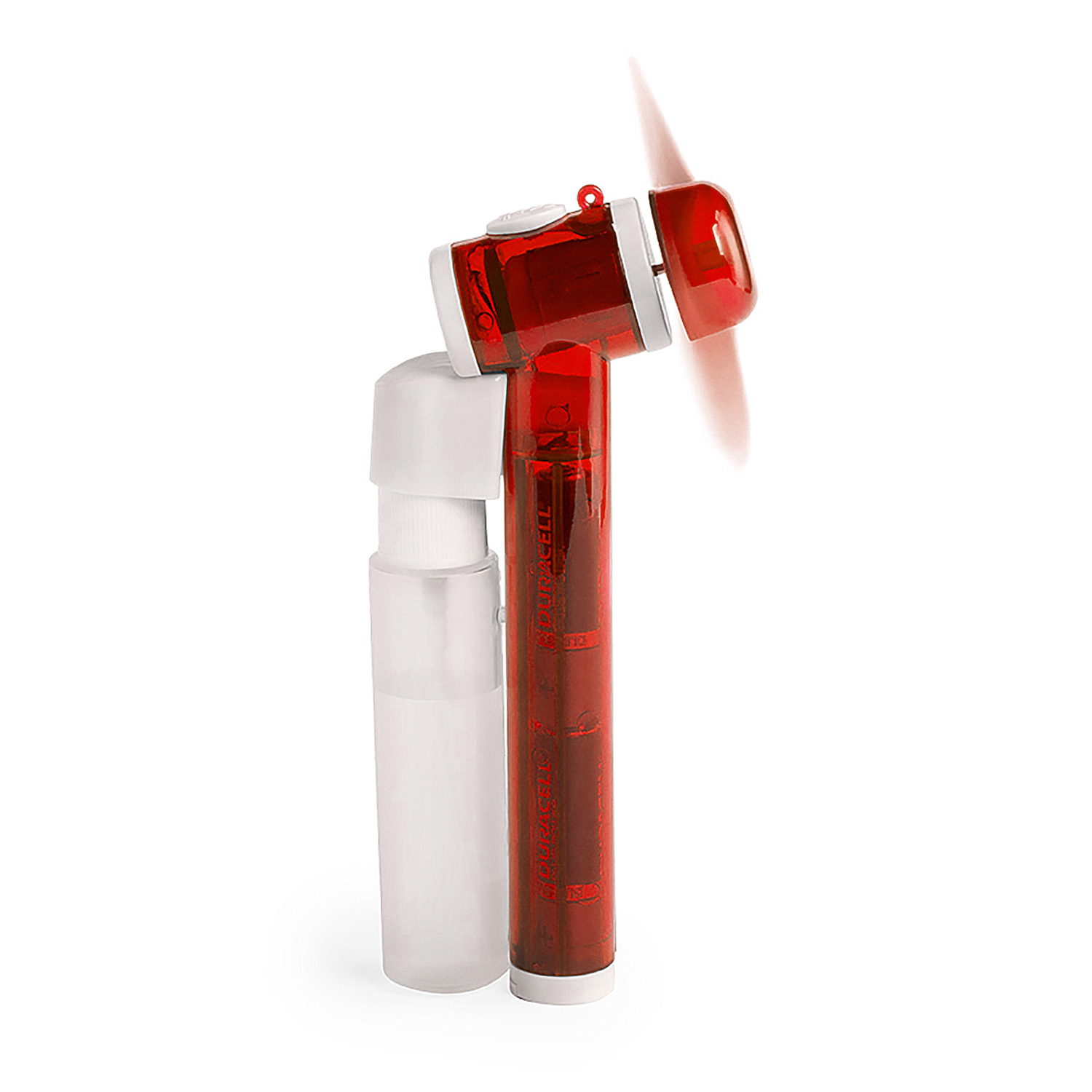 Un mini ventilador rojo con mango transparente y botón blanco.