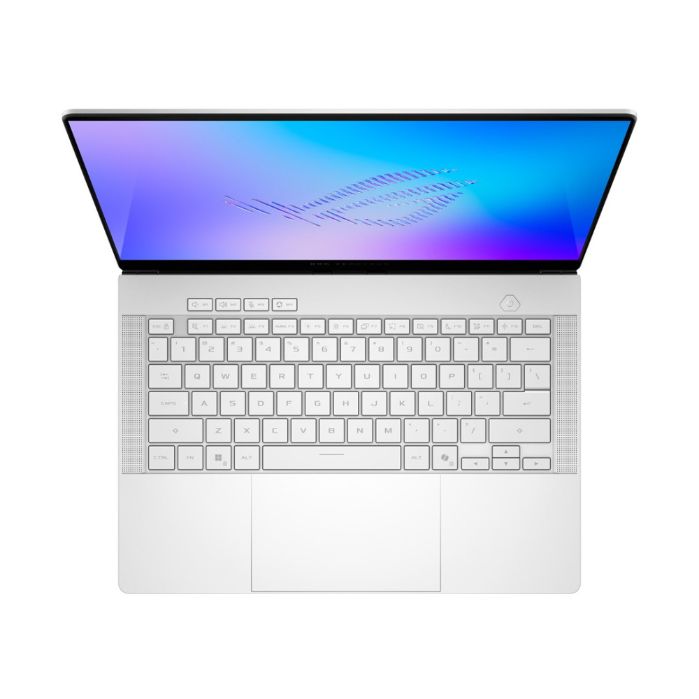 Biały laptop z otwartym ekranem, wyświetlający niebiesko-fioletowy wzór.